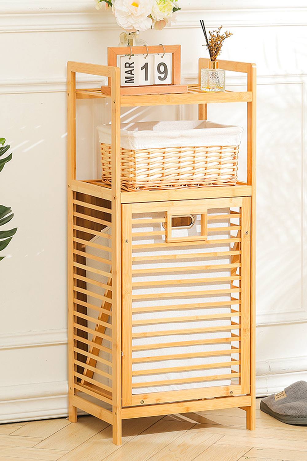 Living And Home -Tier Bamboo Laundry Hamper Basket Bathroom Basket With Liner Bag In Brown