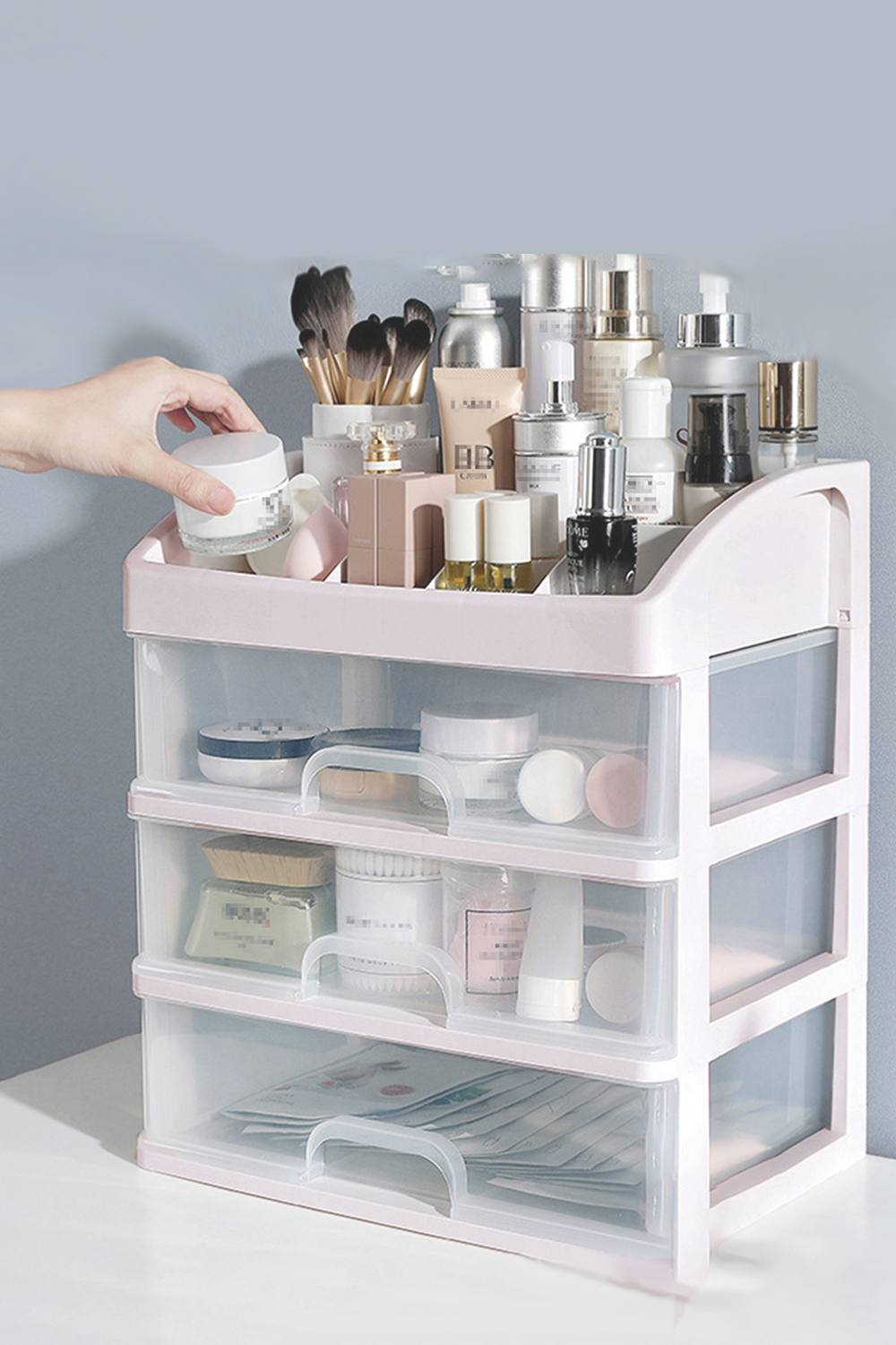 Living And Home Large Capacity Cosmetic Organizer With Drawers For Dressing Table In Light Grey