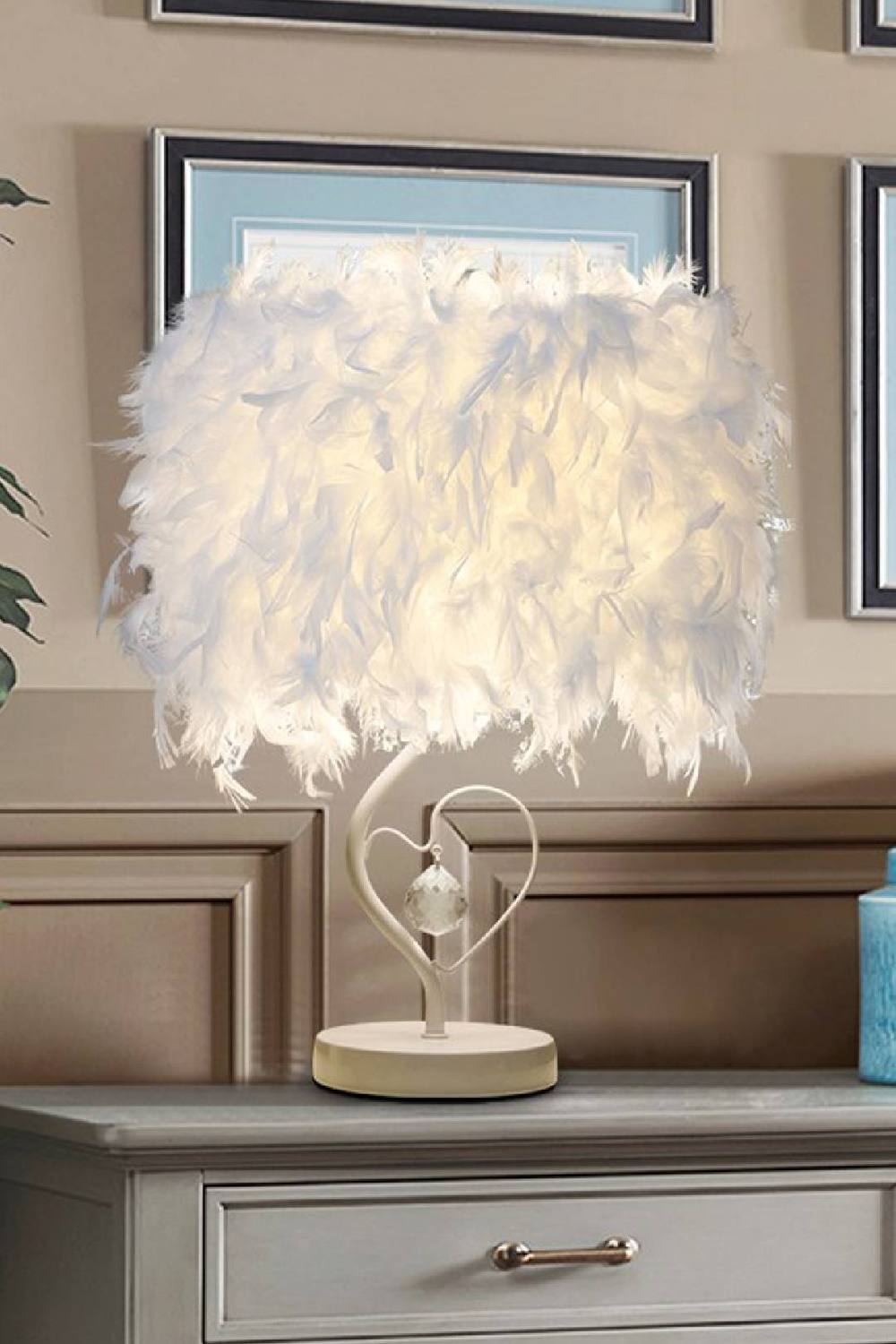 Living And Home Modern Feather Design Bedside Table Lamp In White