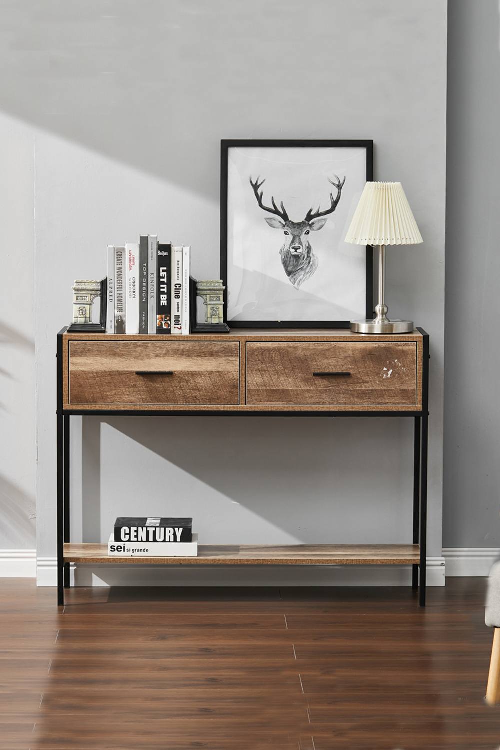 Living And Home Rustic Brown Metal Frame Console Table With Drawer And Shelf