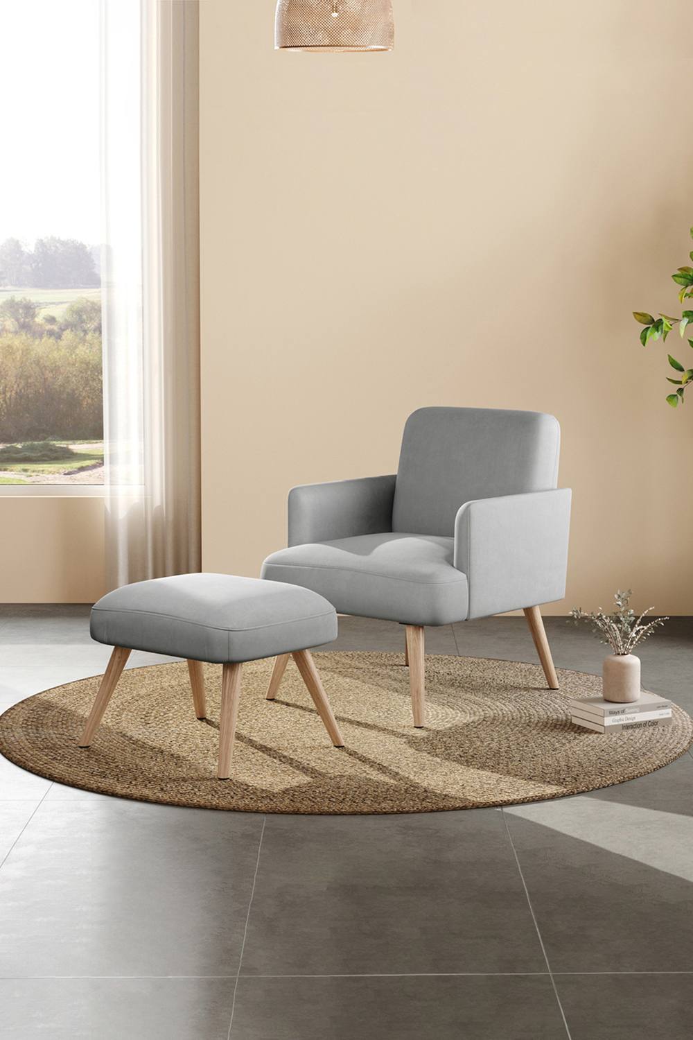 Living And Home Velvet Armchair Chair With Footrest In Grey