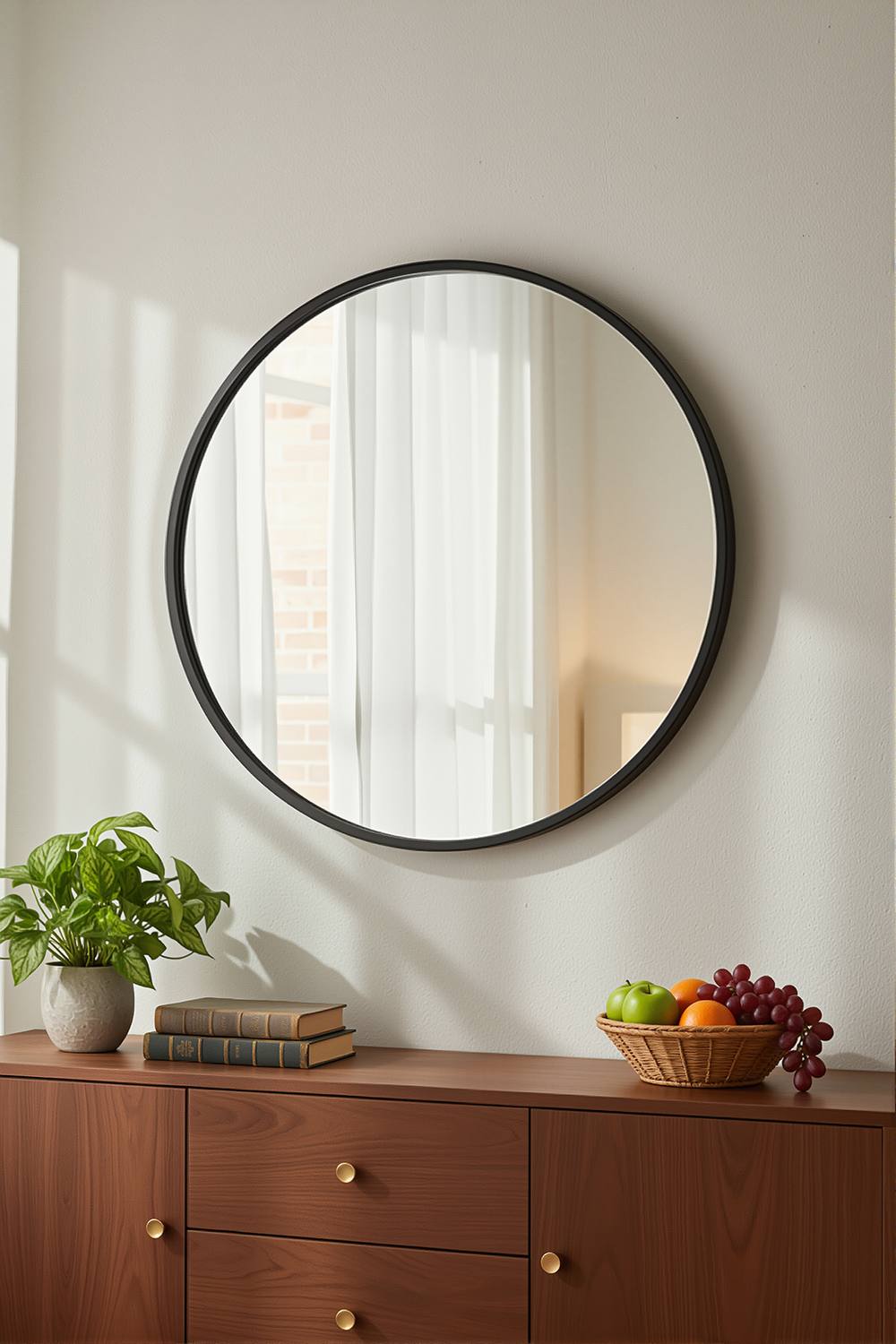Living And Home Modern Round Wall Mirror With Metal Frame Minimalist Decorative Mirror For Living Room, Bedroom In Black