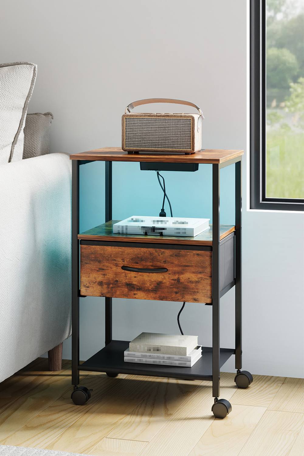 Living And Home Nightstand Bedside Table With Charging Station And Led Lights In Brown