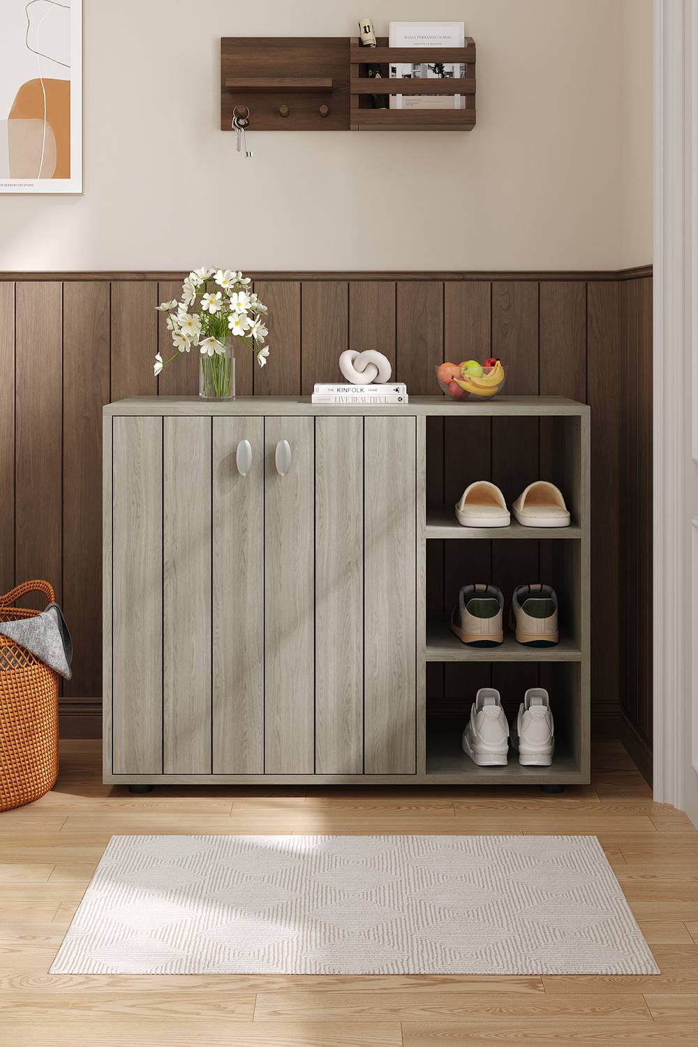 Living And Home Wooden Multifunctional Storage Shoe Cabinet With Open Shelves And Door In Grey