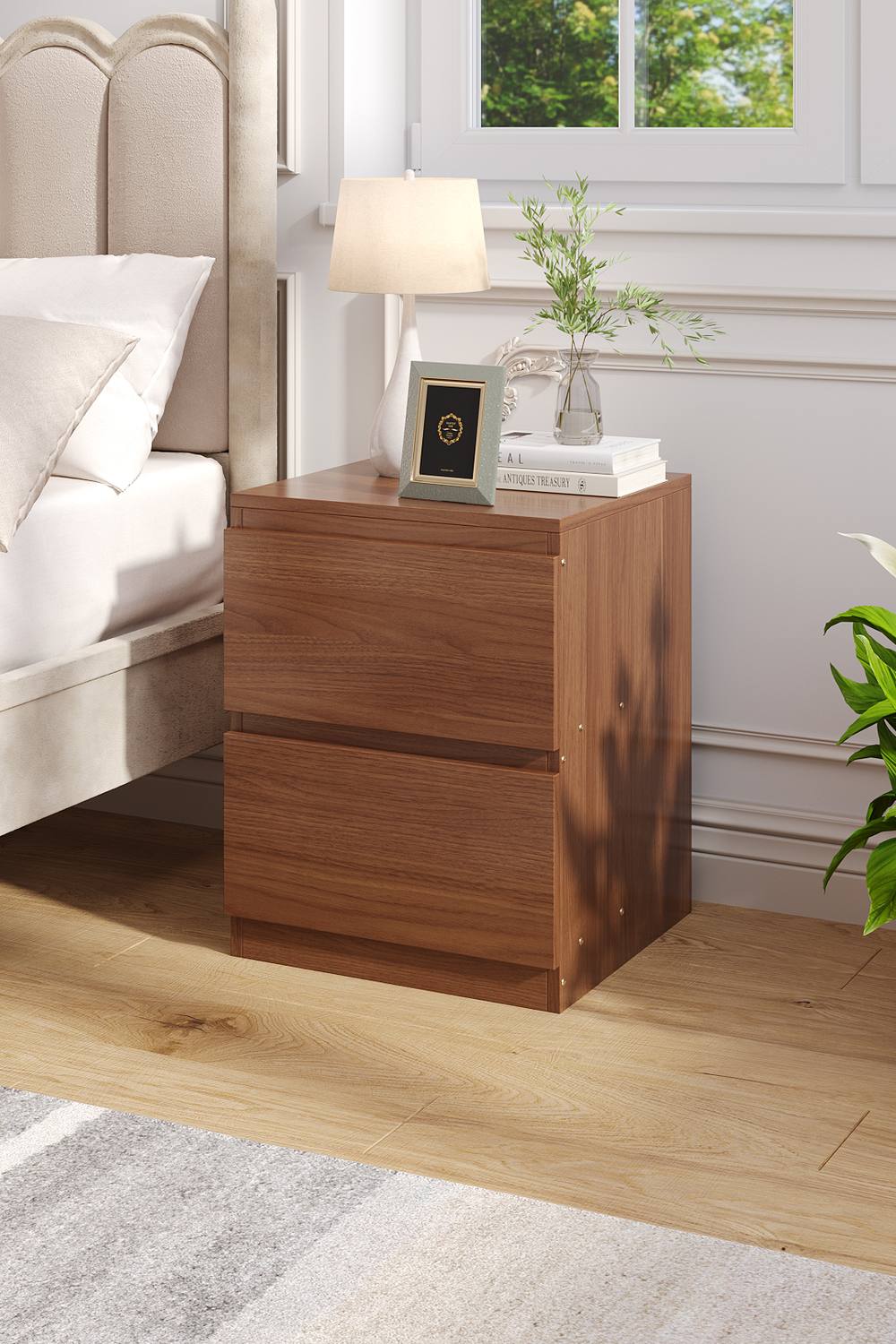 Living And Home -Drawer Wooden Nightstand Bedside Table In Walnut Colour