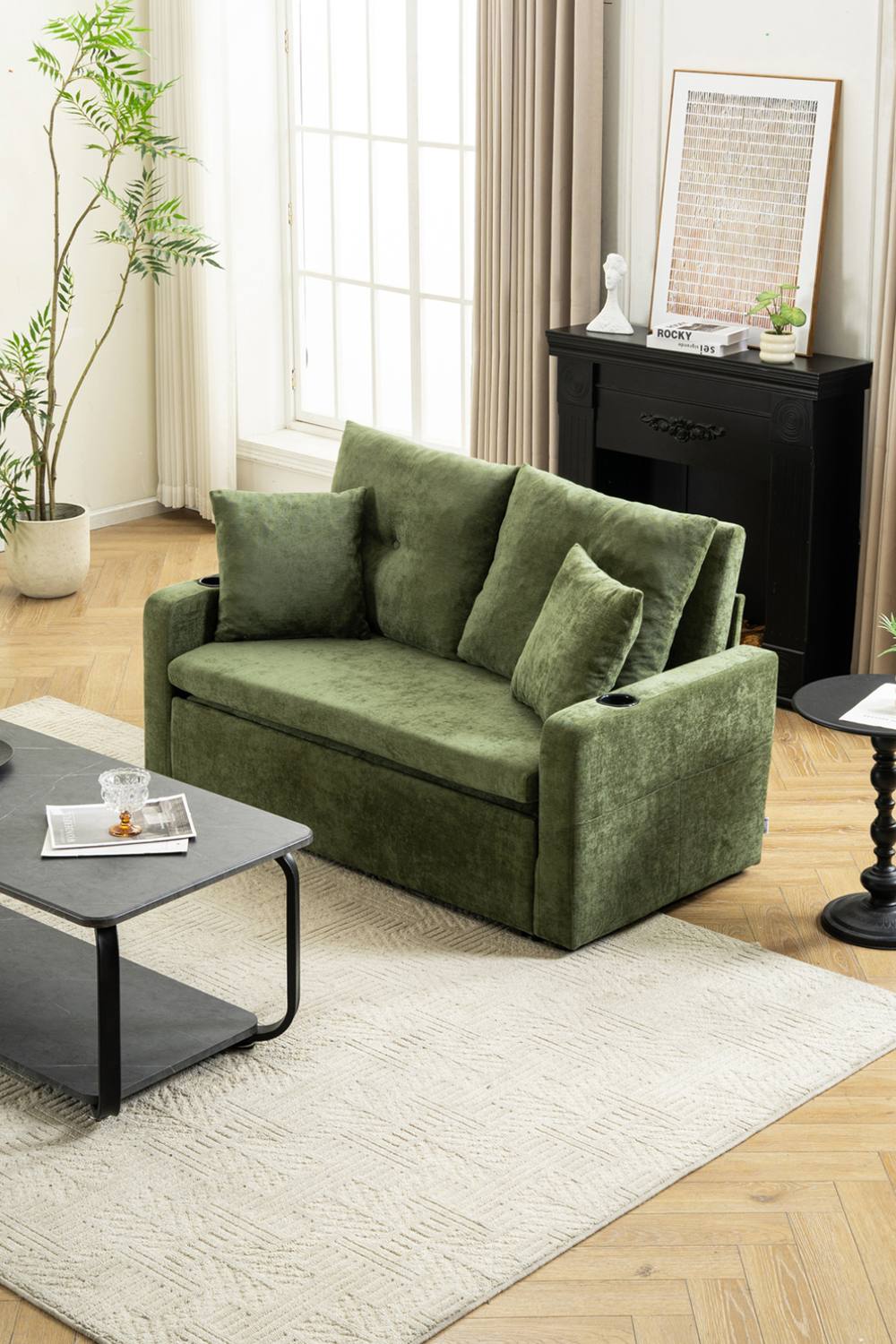 Living And Home Seater Sofa Bed With Cup Holders And Pillows In Green