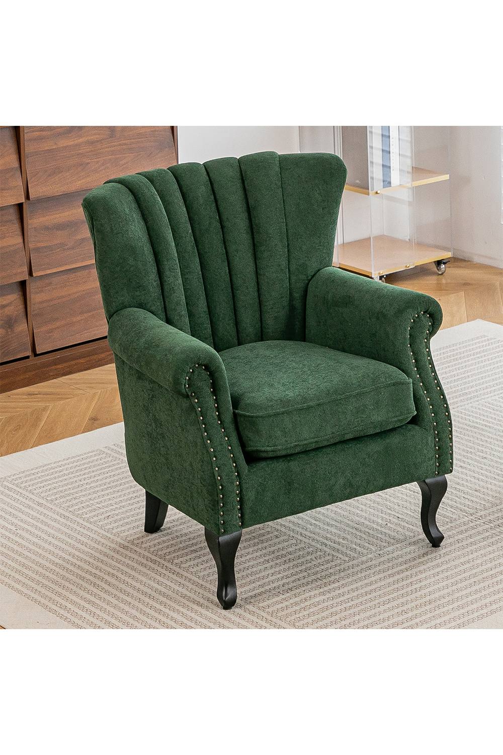 Living And Home Elegant Green Chenille Armchair With Rubberwood Legs