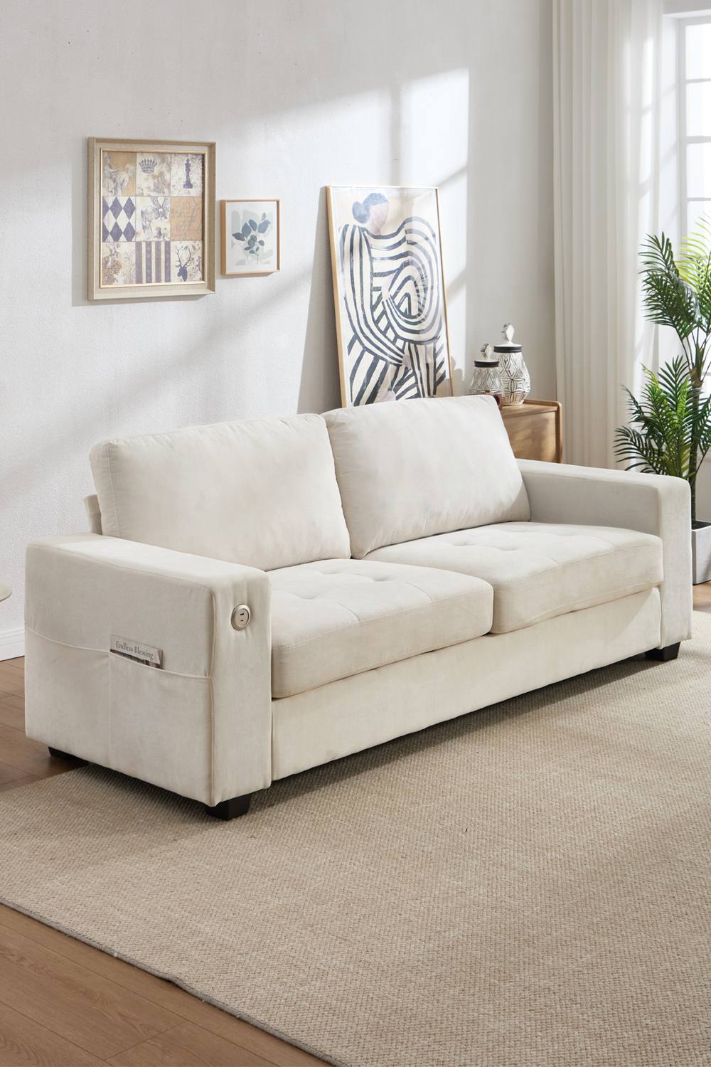 Living And Home -Seater Chenille Upholstered Sofa In White