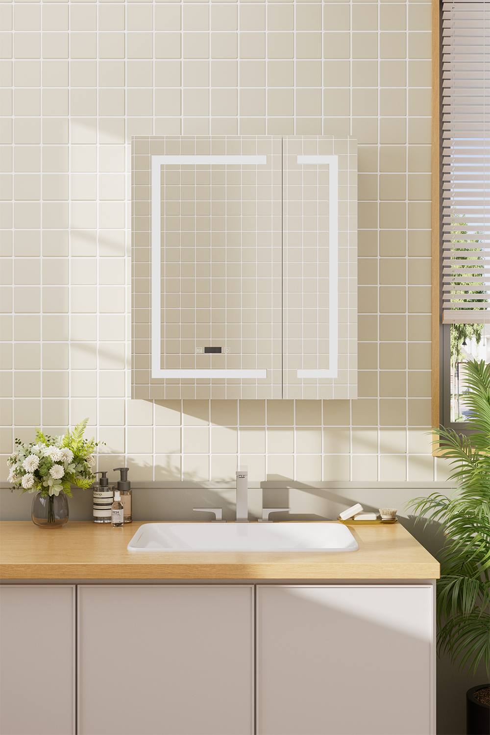 Living And Home Frameless -Door Led Mirror Cabinet With Clock Display In Clear