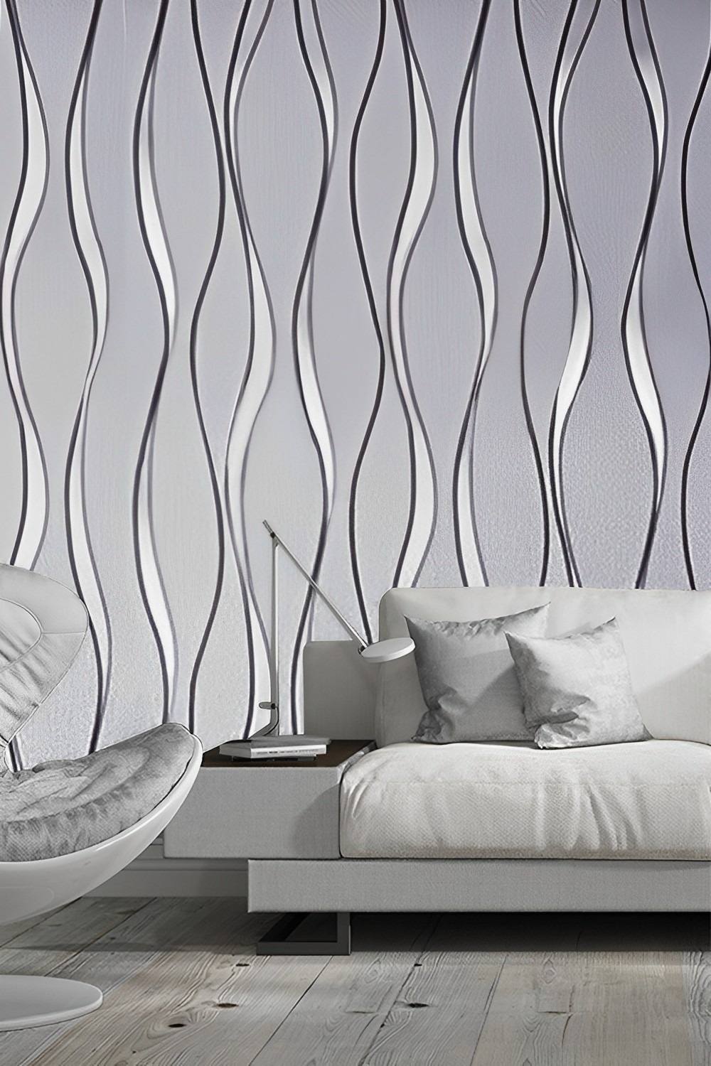 Living And Home Cm X Cm Geometric Wavy Striped Fabric Wallpaper In Light Grey