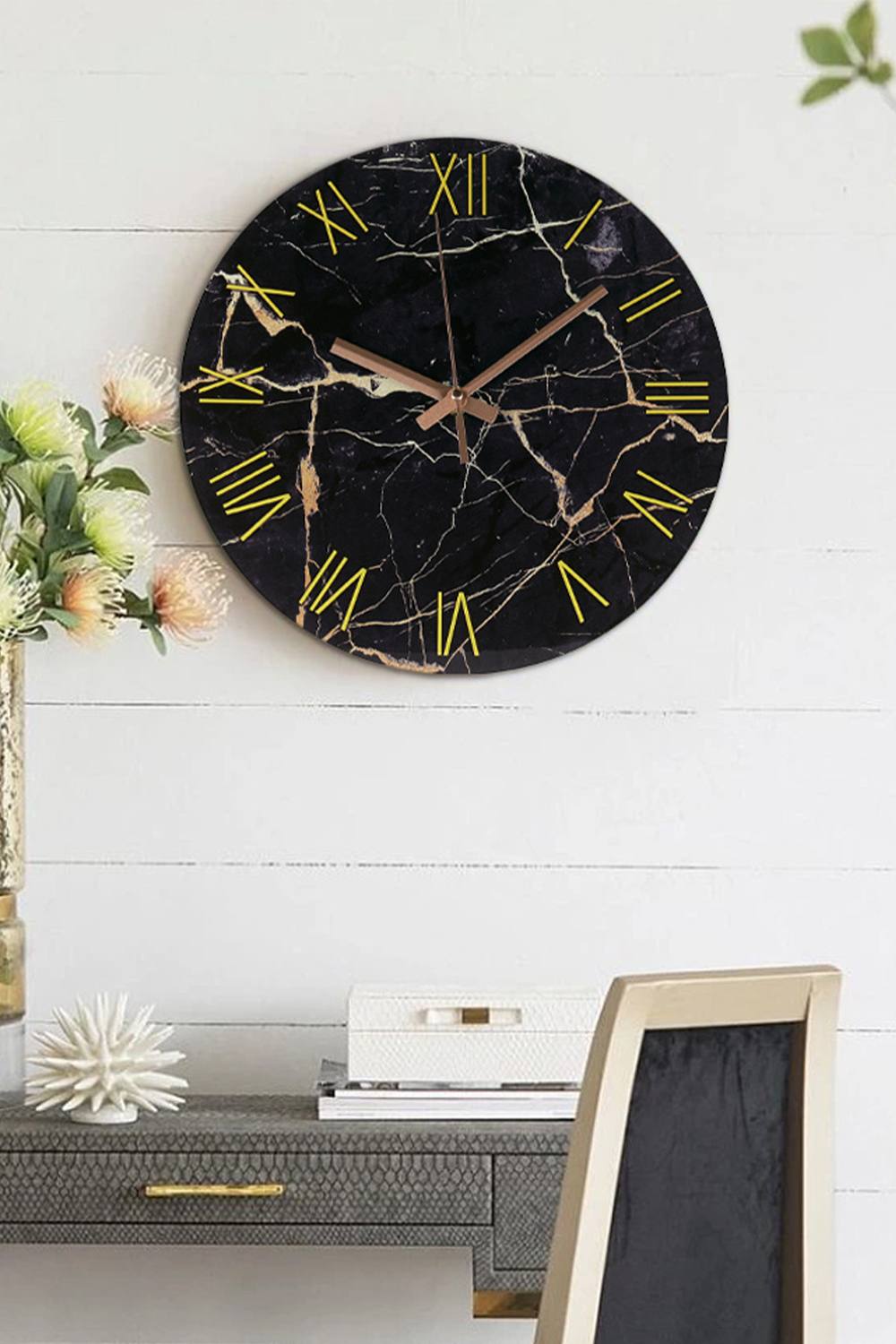 Living And Home Black Modern Marble Texture Clock Rustic Kitchen Decor Inch Wall Clock