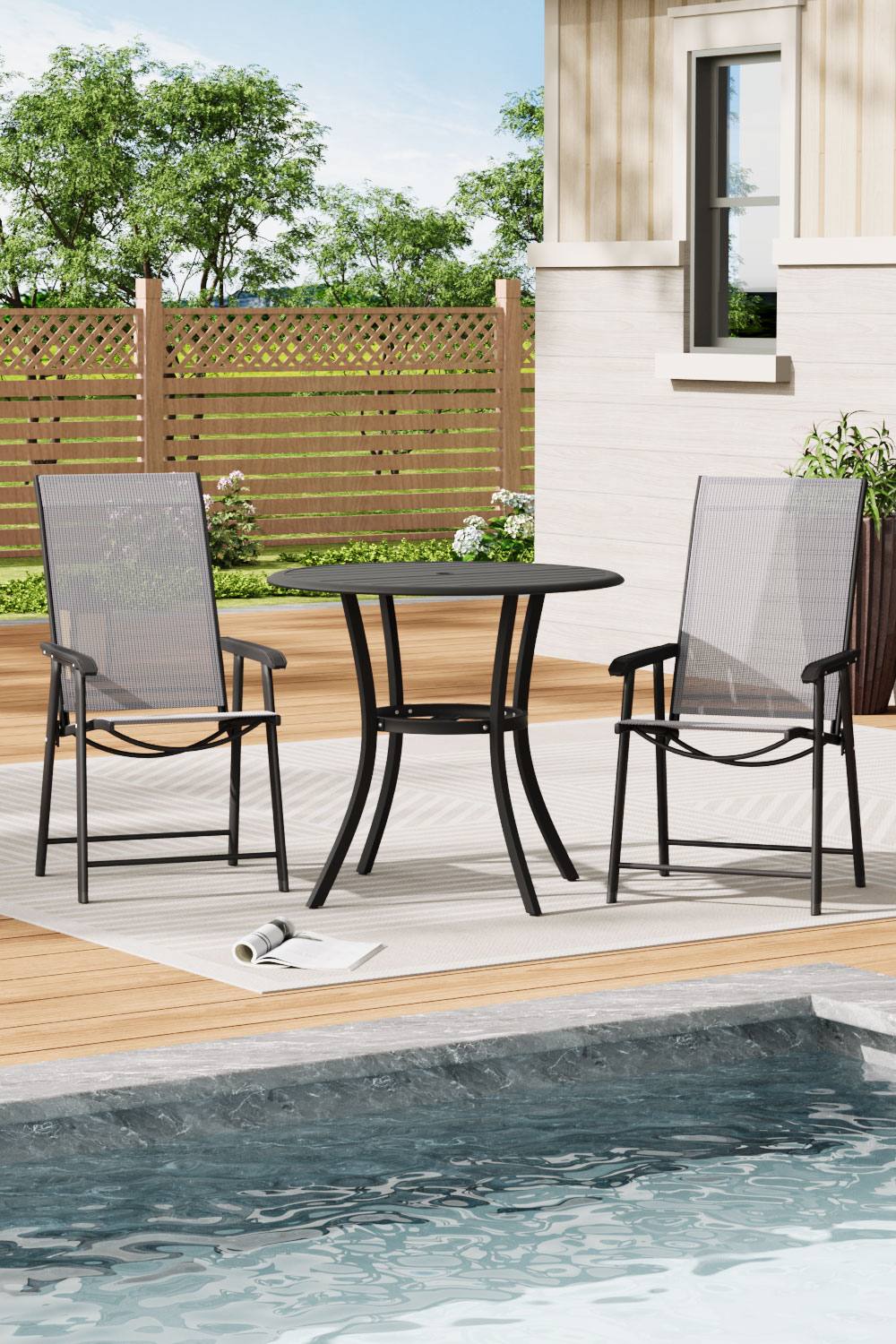 Living And Home Round Garden Metal Slatted Coffee Table With Foldable Chairs In Black