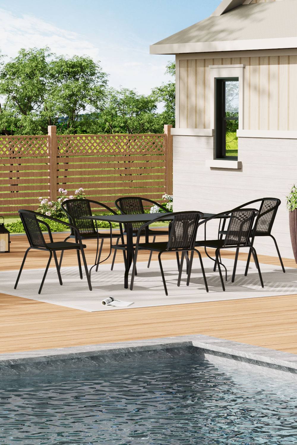 Living And Home Metal Slatted Outdoor Garden Coffee Table With Rattan Chairs In Black
