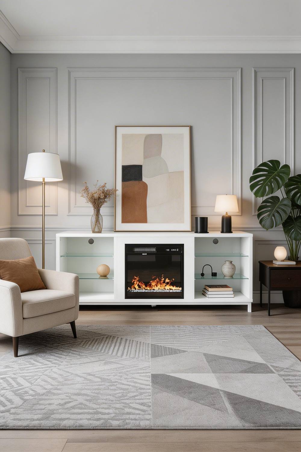 Living And Home " Recessed Electric Fireplace Tv Stand With Remote Control In White