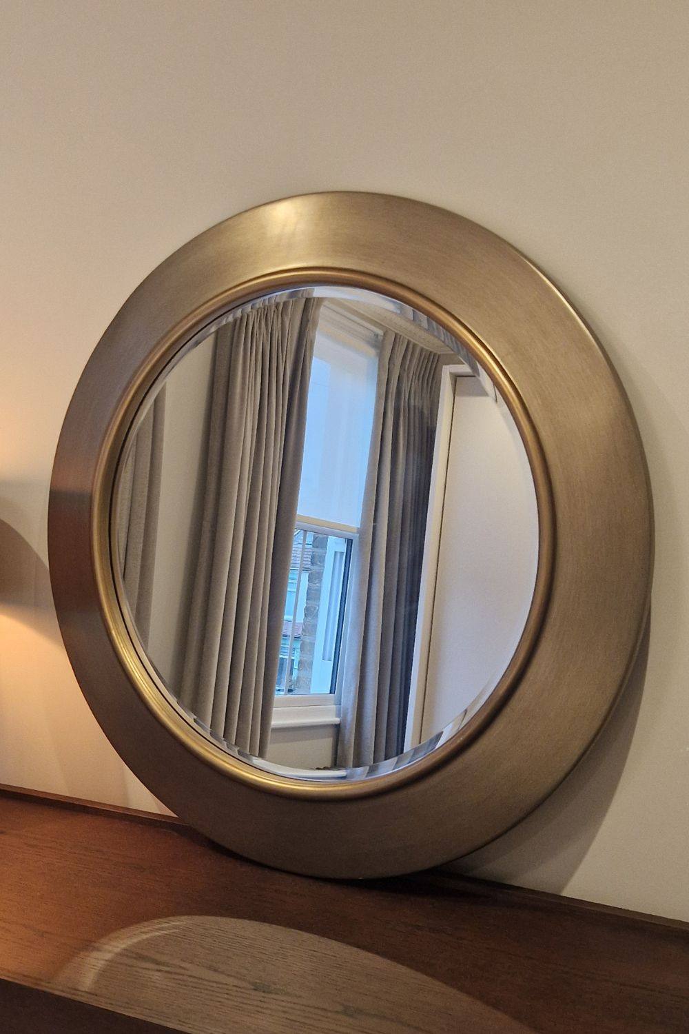 Yearn Mirrors Ava Pewter Round Bevelled Mirror Gold Trim In Metallic Gold