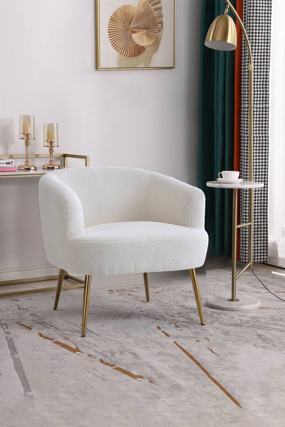 Living And Home Teddy Fabric Armchair With Metal Legs In White