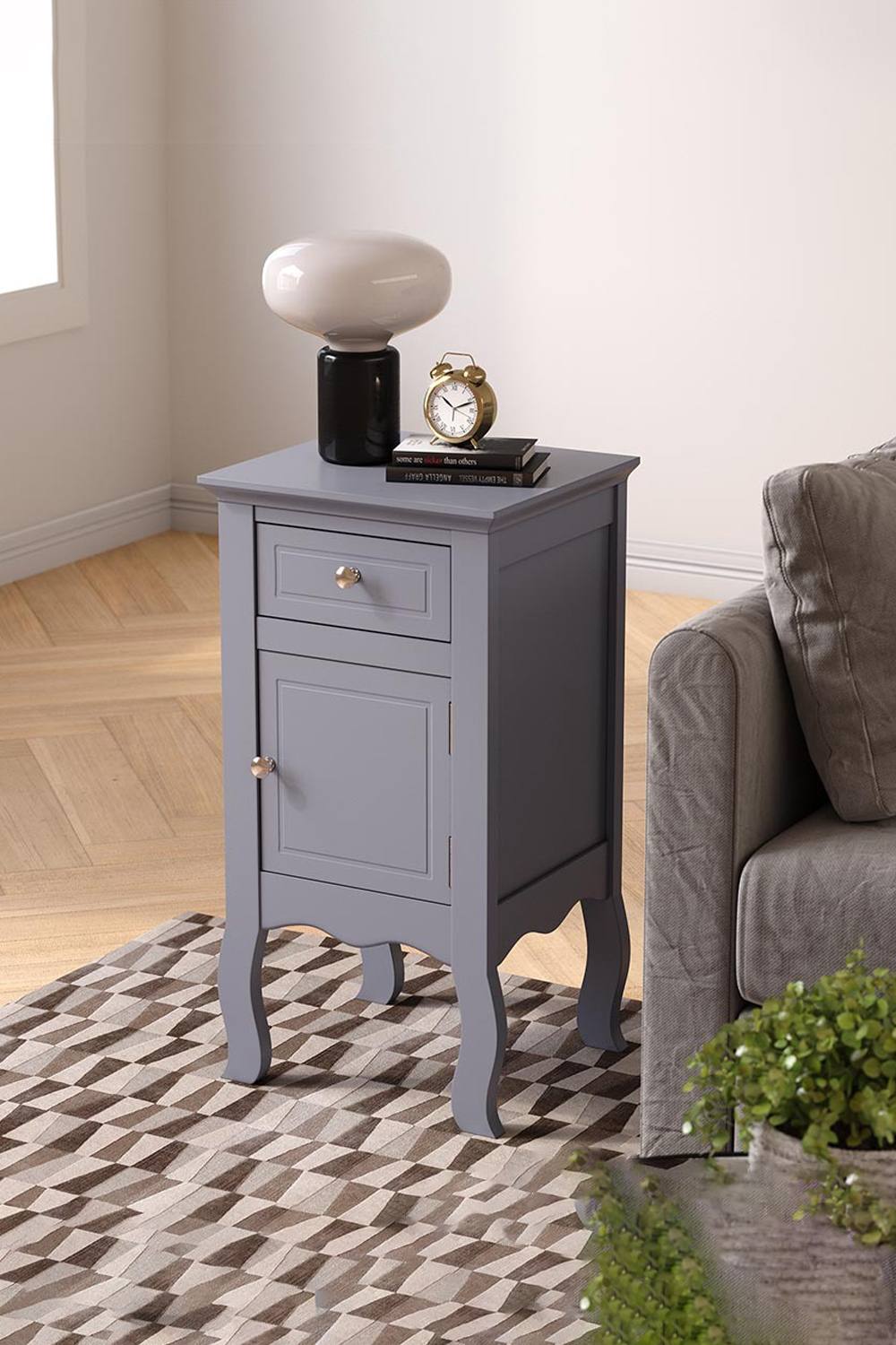 Living And Home Wooden Bedside Side Table Nightstand With Drawer In Grey