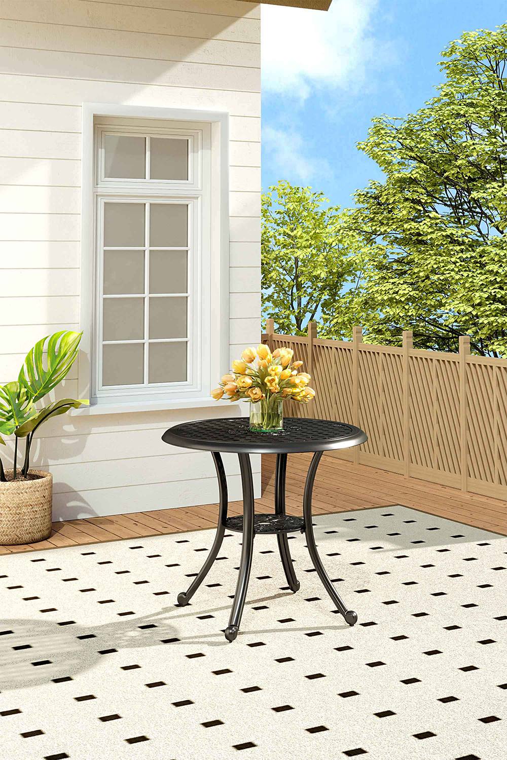Living And Home Checkered Hollowed Out Cast Aluminum Patio Dining Table With Umbrella Hole In Black