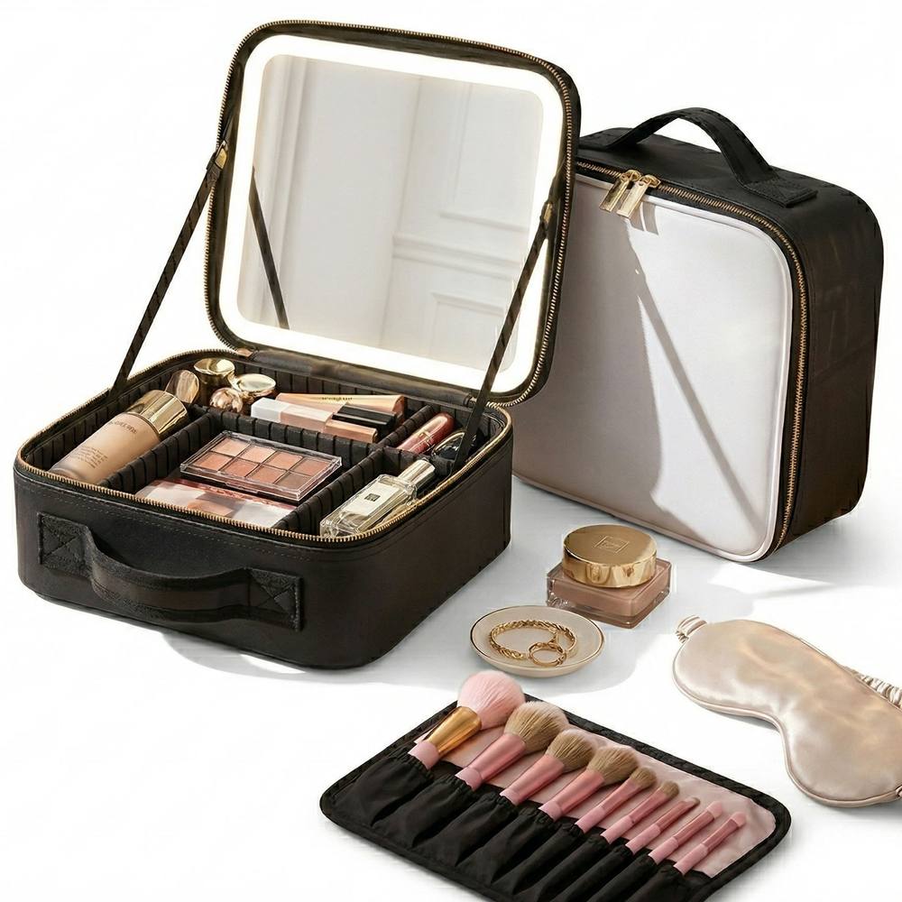 Dragodirect Travel Makeup Organizer With Led Mirror Waterproof Cosmetic Bag In White