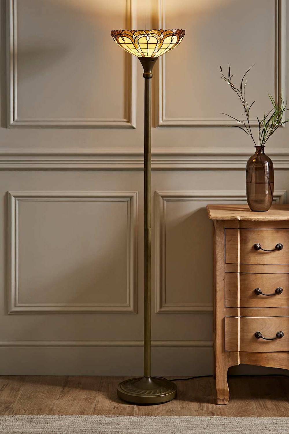 Valuelights Tiffany Amber Gold Stained Glass Antique Brass Uplighter Floor Lamp