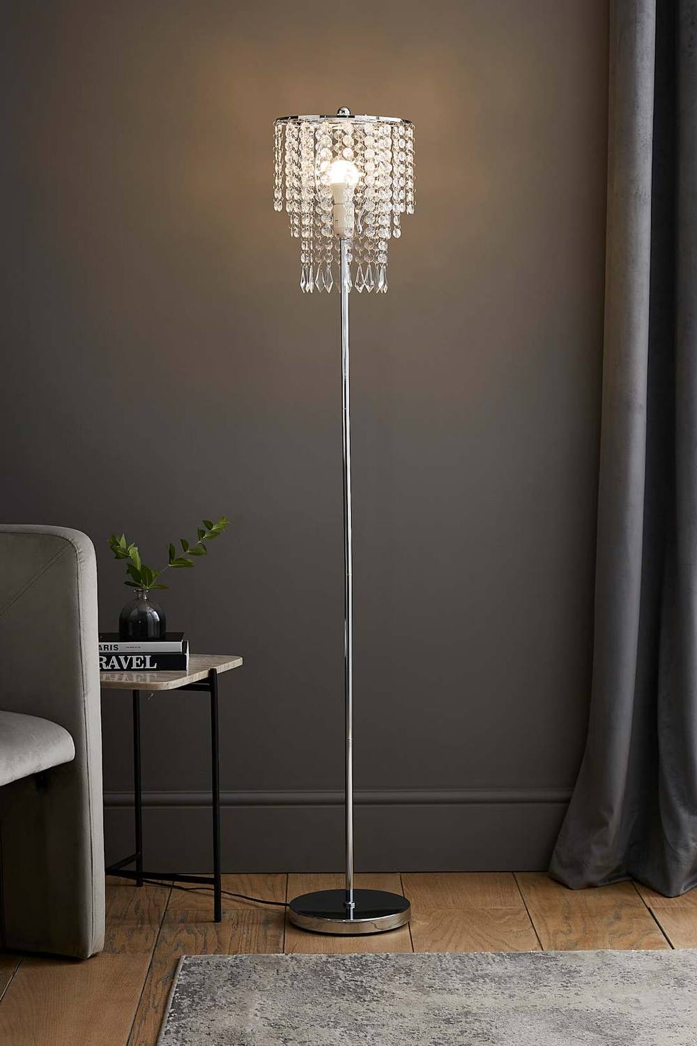 Valuelights Bronte Chrome Floor Lamp With Acrylic Droplet Chandelier Style Shade In Silver
