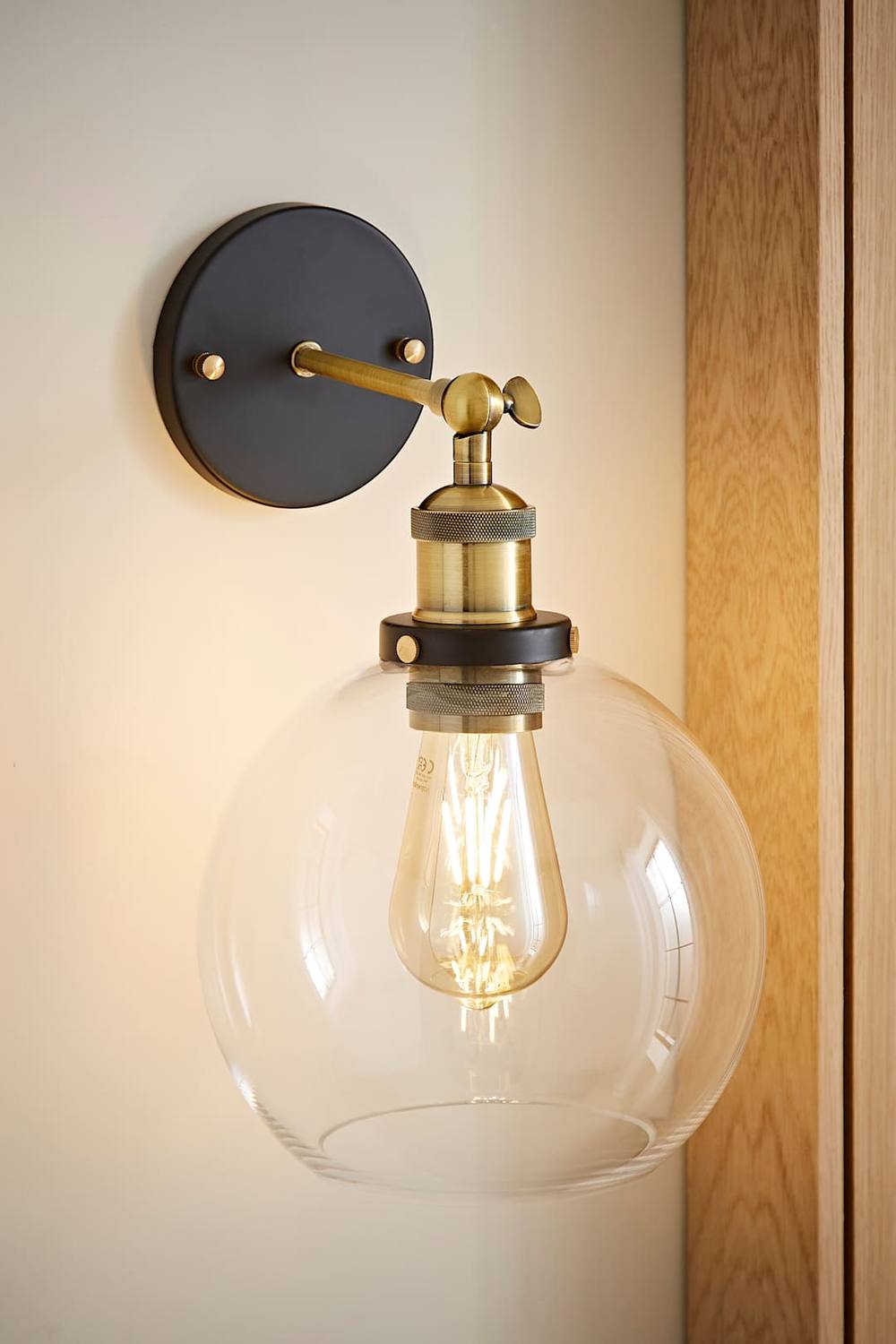 Valuelights Sheridan Industrial Clear Glass Bowl Gold Trim Black Wall Light