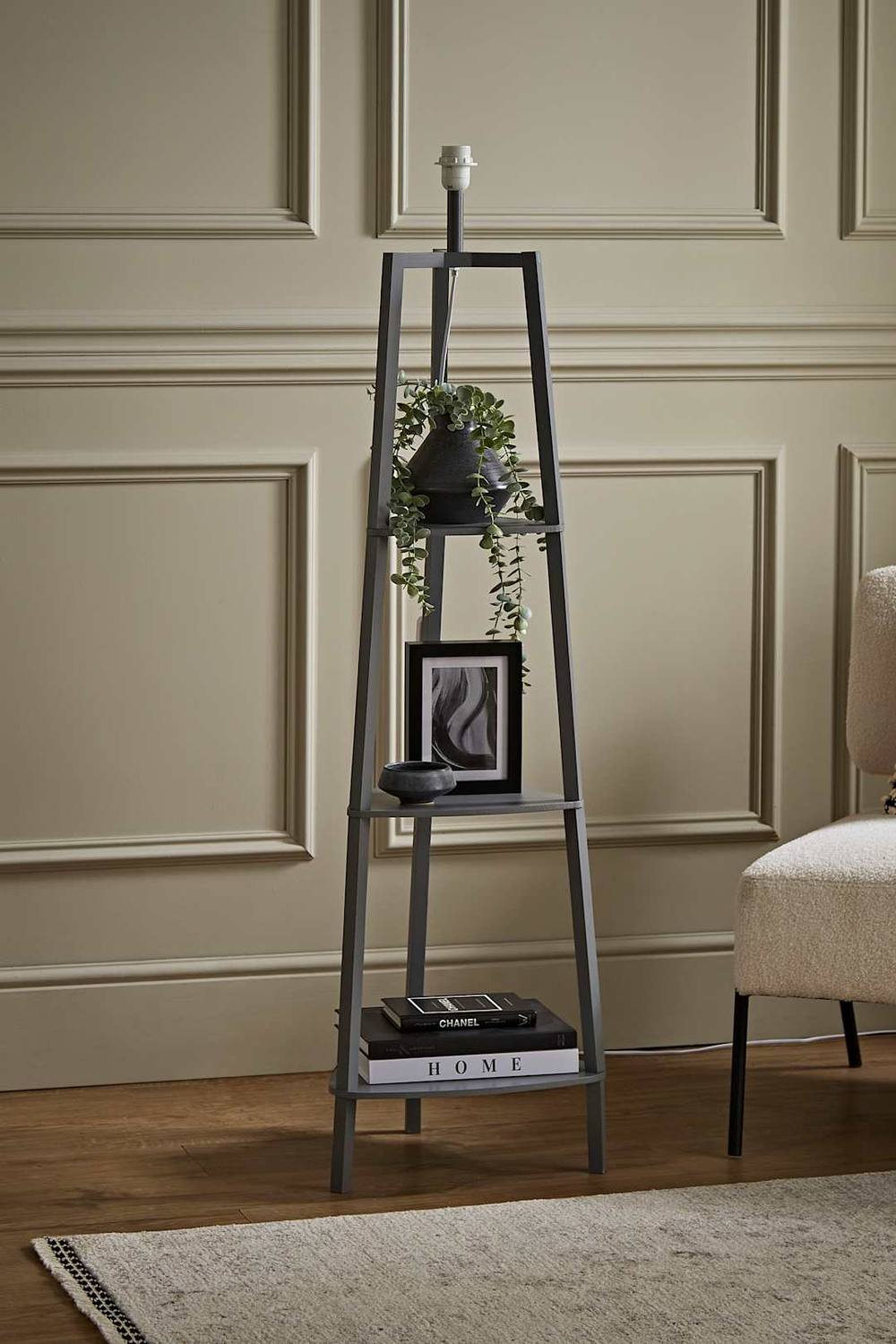 Valuelights Hiru Tier Wooden Tripod Shelf Corner Floor Lamp Base In Grey