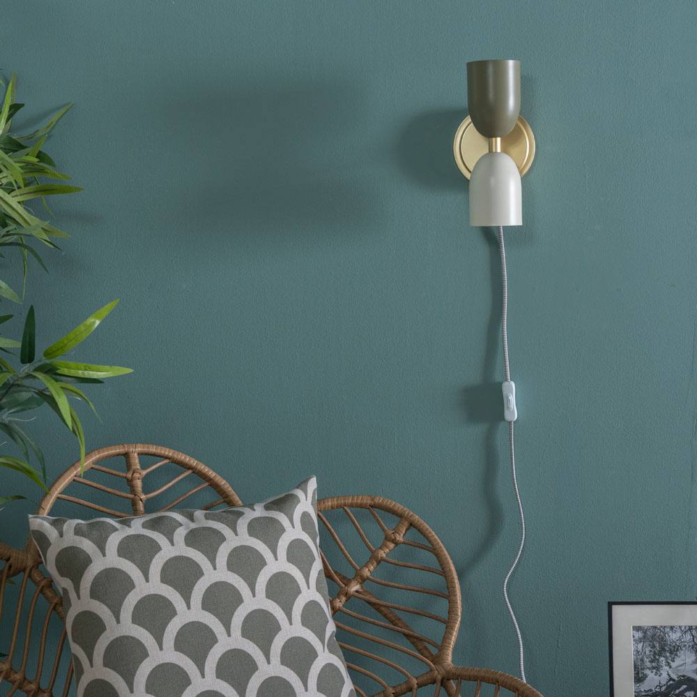 Valuelights Plug In Gold Up & Down Wall Light With Khaki And Cream Shades