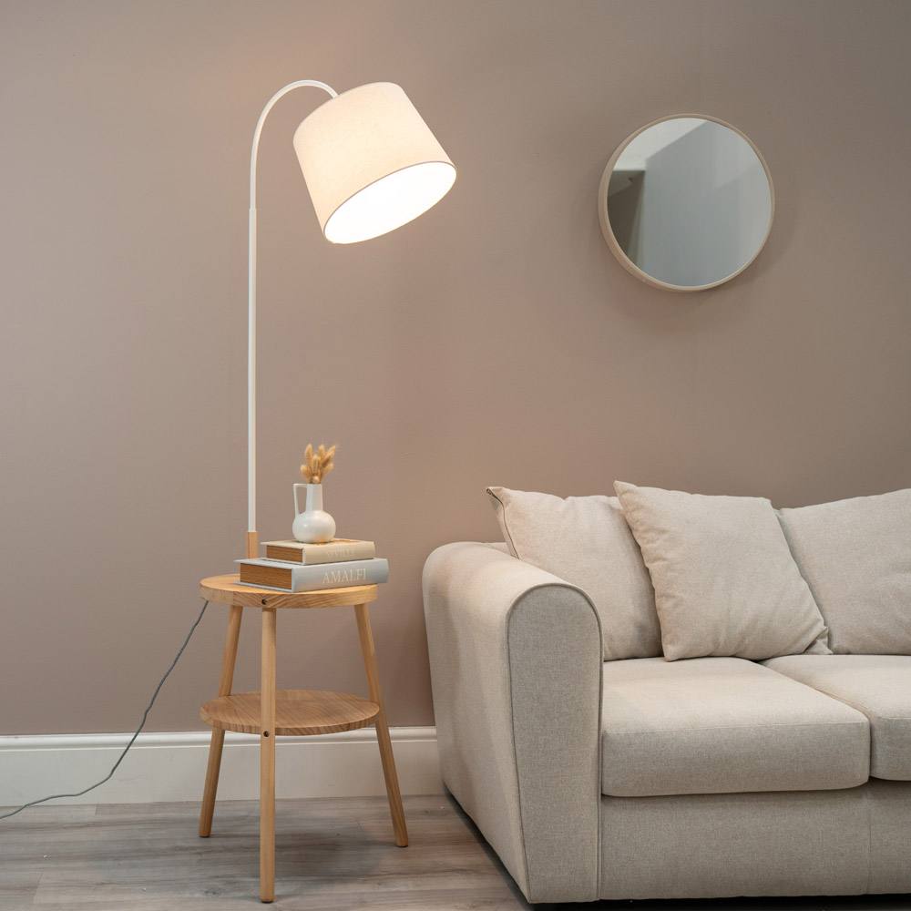 Valuelights Crowther Wooden Side Table Shelved Tripod Floor Lamp With Fabric Shade In Natural