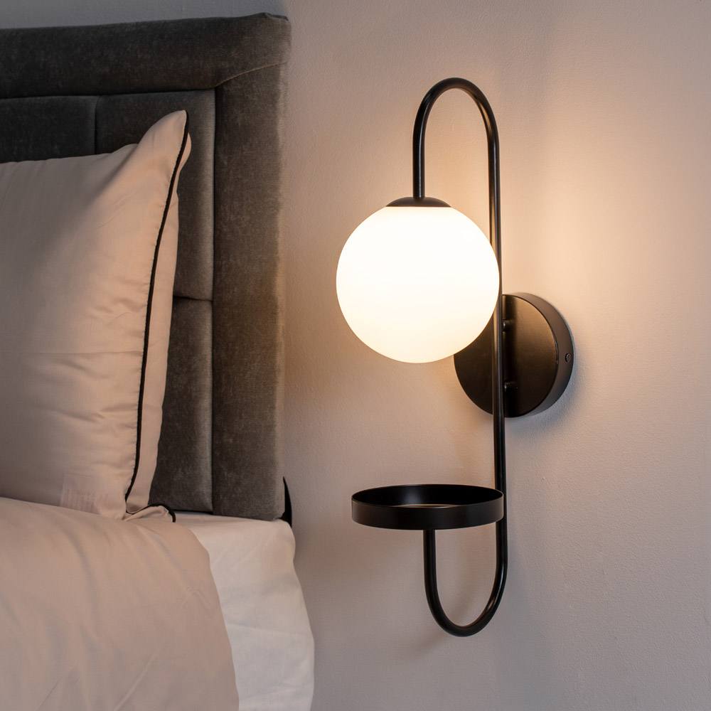 Valuelights Milo Frosted Glass Globe Shade Curved Wall Light With Shelf In Black