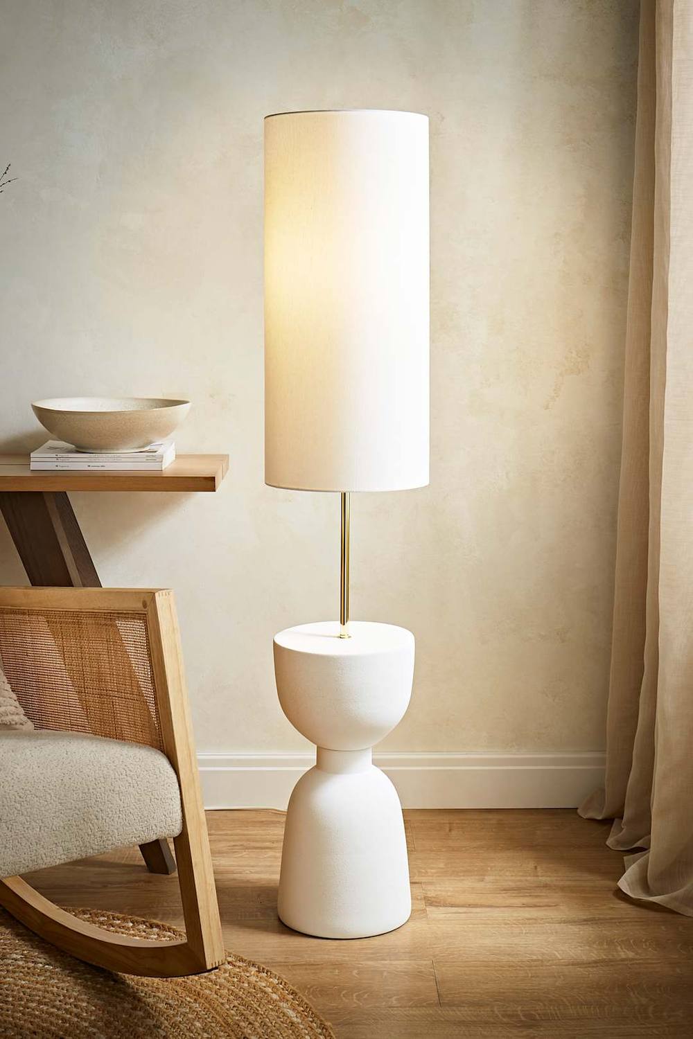 Valuelights Esme Linen Tall Lamp Shade Ceramic Table Midi Floor Lamp In Cream