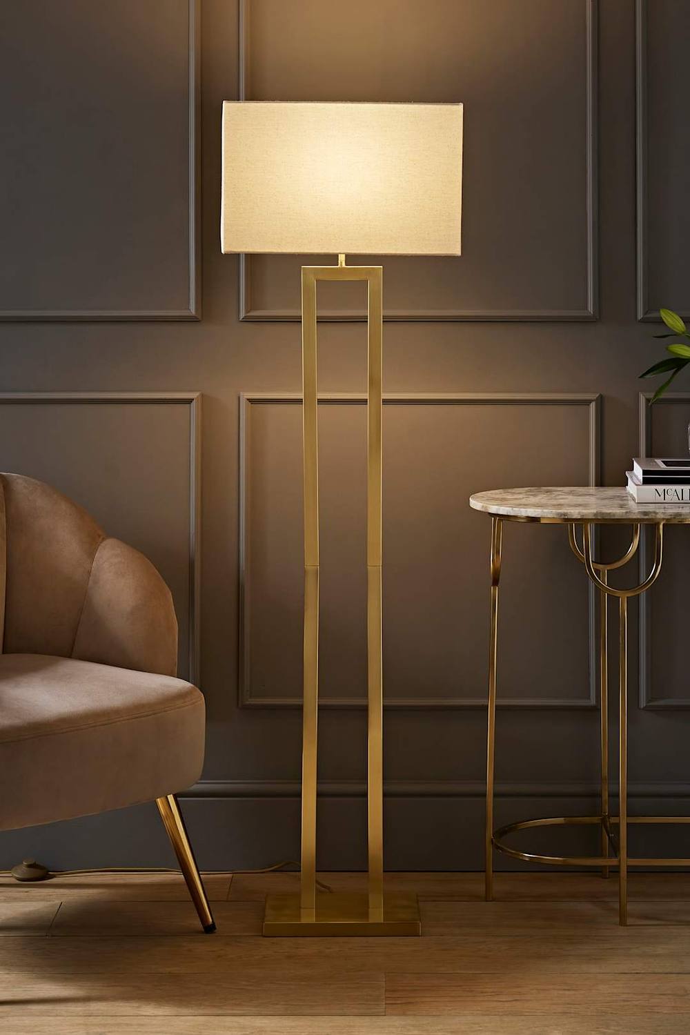 Valuelights Gloria Double Stem Metal Floor Lamp With Rectangular Lamp Shade In Metallic Gold