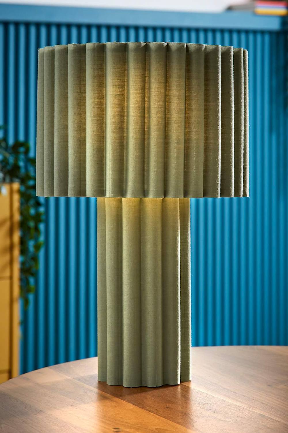 Valuelights Lenny Drum Lamp Shade Colour Drench Ribbed Full Fabric Table Lamp In Pale Green