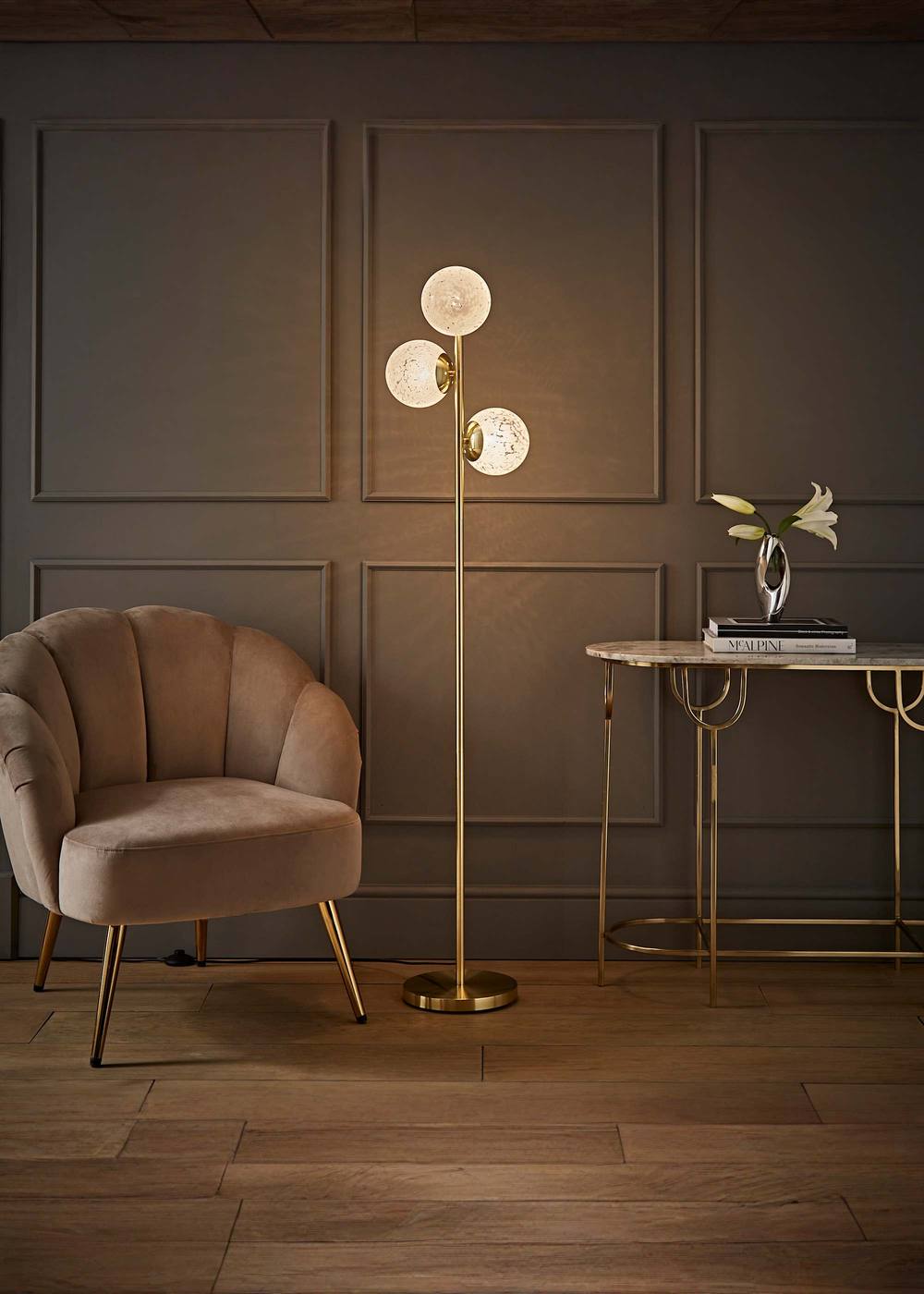 Valuelights Jas Gold Floor Lamp With Way White Confetti Glass Globe Shades