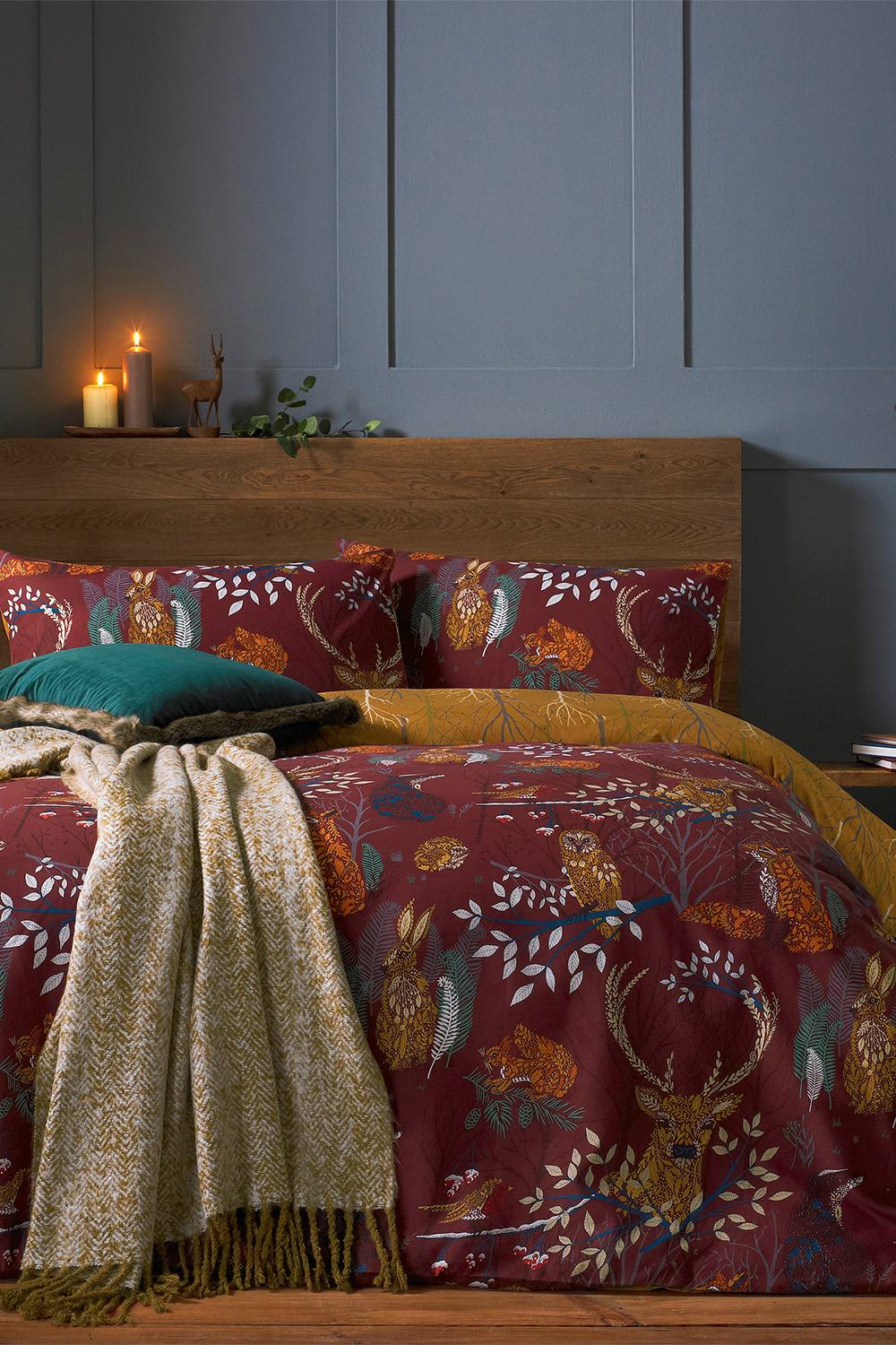 Furn Forest Fauna Woodland Reversible Duvet Cover Set In Dark Red