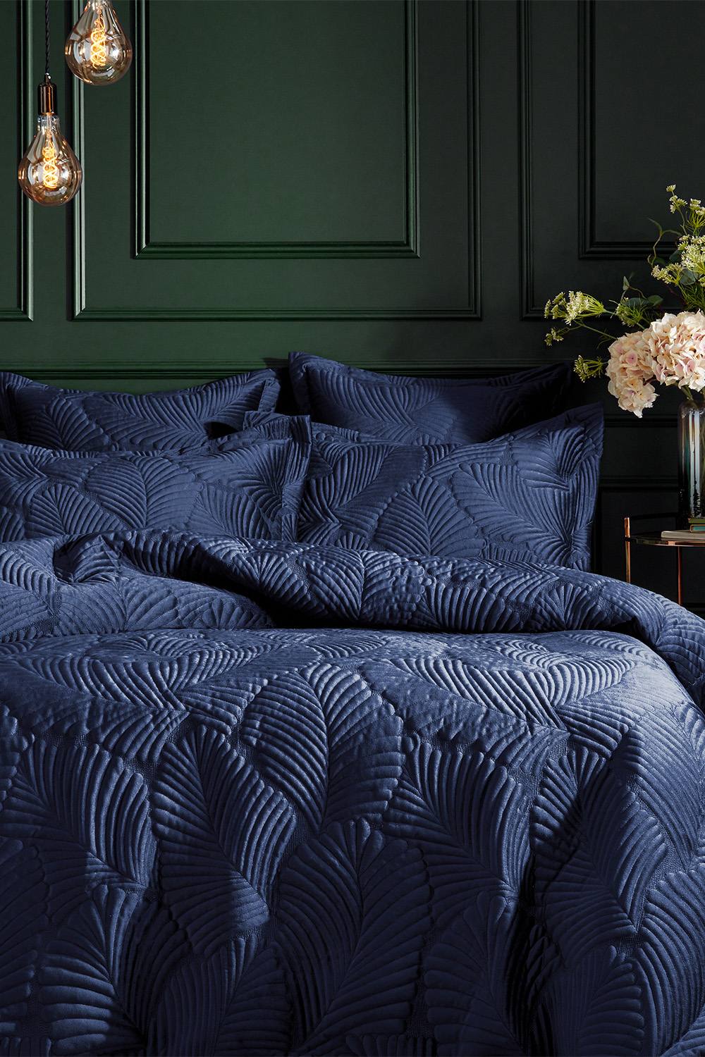 Paoletti Palmeria Quilted Velvet Duvet Cover Set In Navy