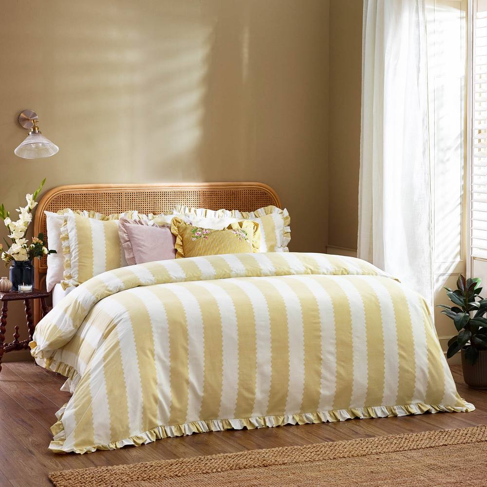 Wylder Birdie Stripe Ruffle Duvet Cover Set In Bright Yellow