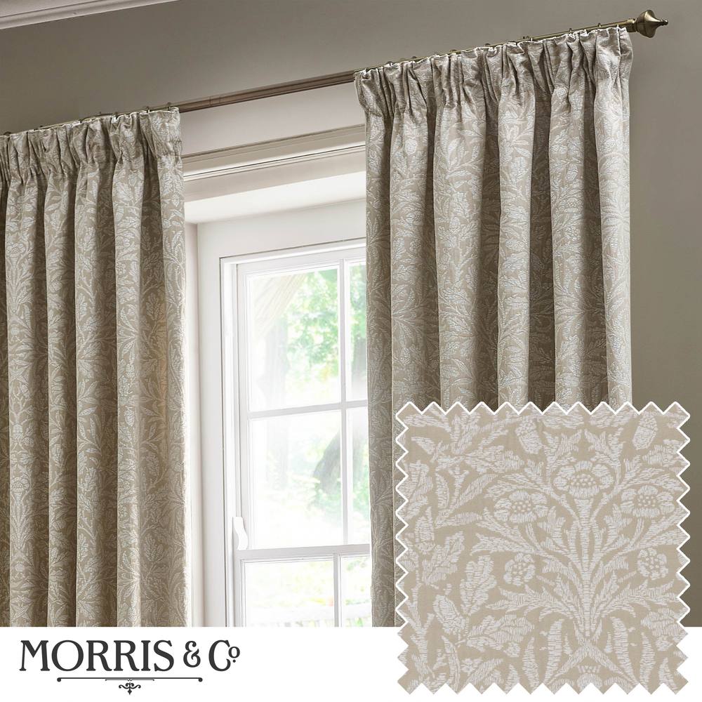 Morris & Co Acorn Tonal Matt Jacquard Room Darkening Pencil Pleat Curtains In Beige
