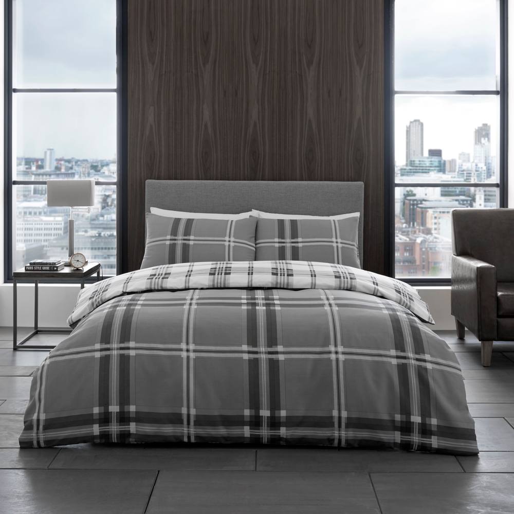 Smart Living Polycotton Bardsley Check Duvet Cover With Pillowcases In Grey