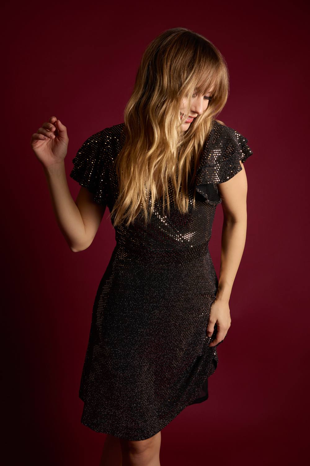 Blue Vanilla Mirror Shimmer Frill Sleeve Dress In Bronze