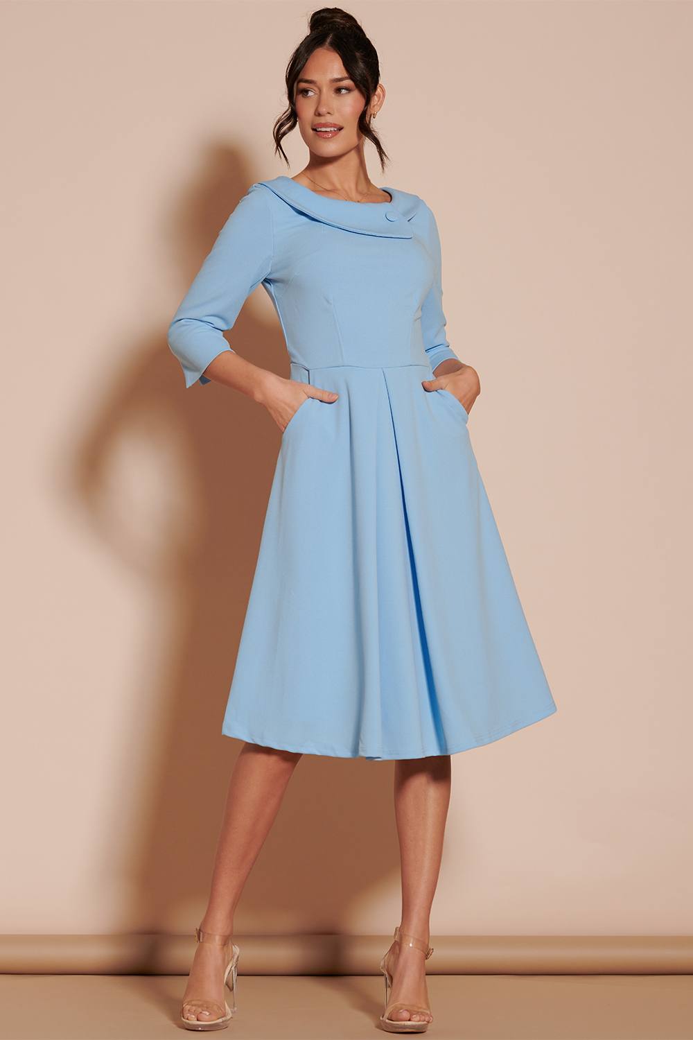 Jolie Moi Fold Neckline Sleeved Midi Dress In Light Blue