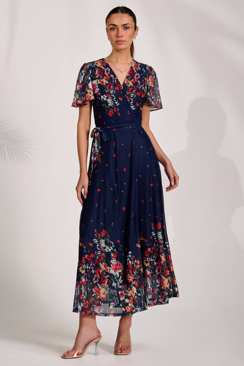 Jolie Moi Floral Mirror Mesh Wrap Maxi Dress