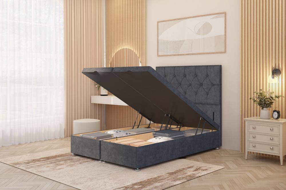 Somnior Ziggy Plush Velvet Ottoman Bed Base With Floor Standing Headboard In Charcoal