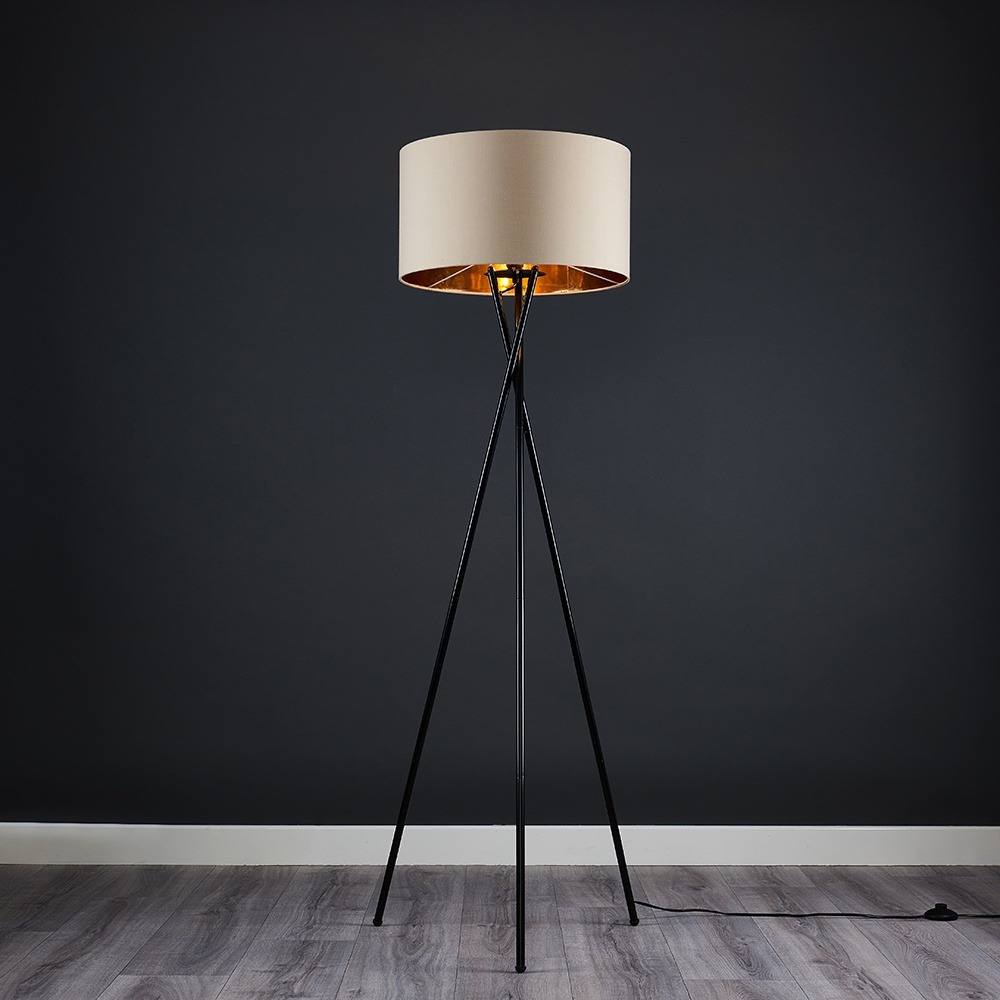 Valuelights Camden Black Metal Tripod Floor Lamp With Beige & Gold Lamp Shade