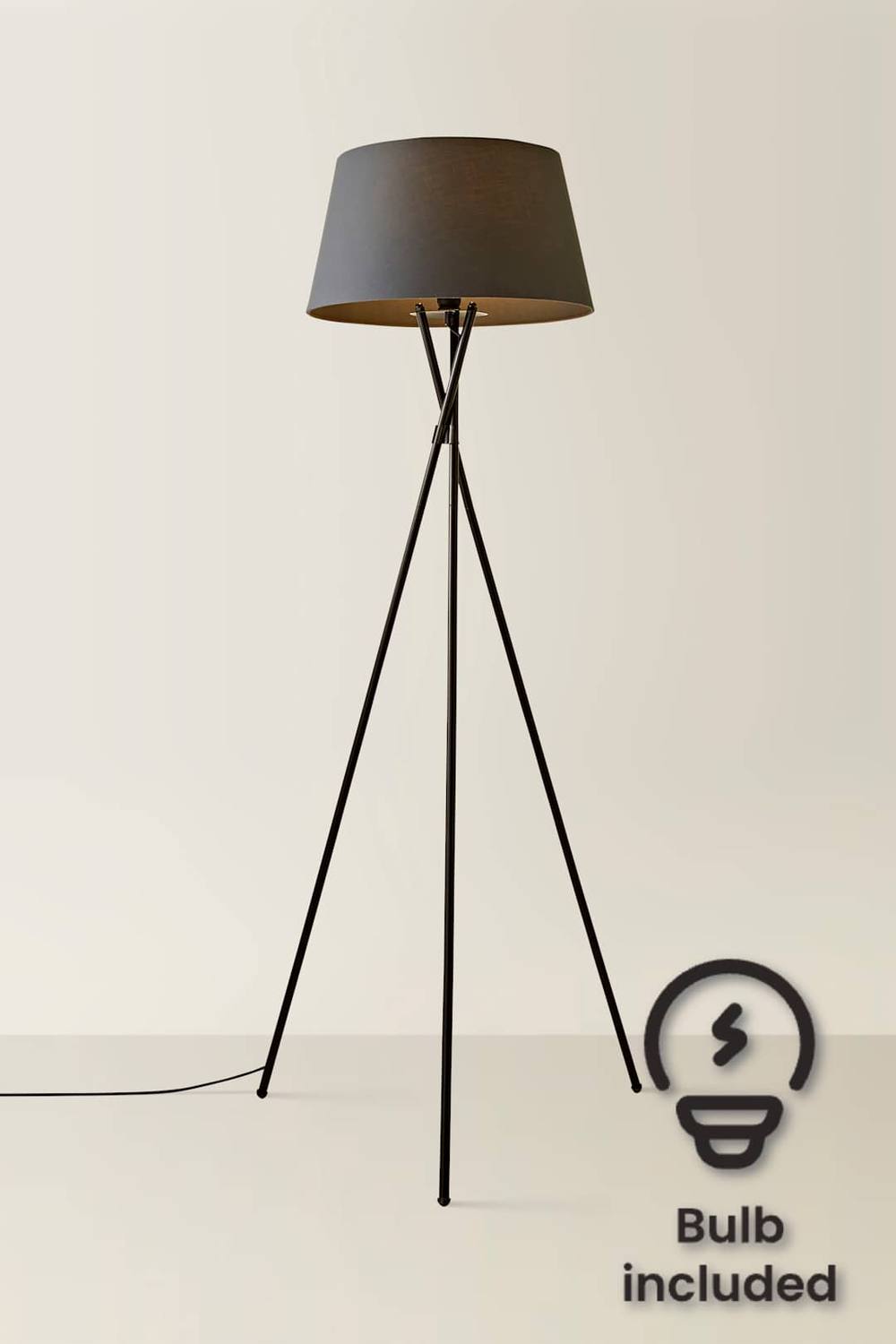 Valuelights Camden Black Metal Tripod Floor Lamp With Tapered Shade And Led Bulb In Grey