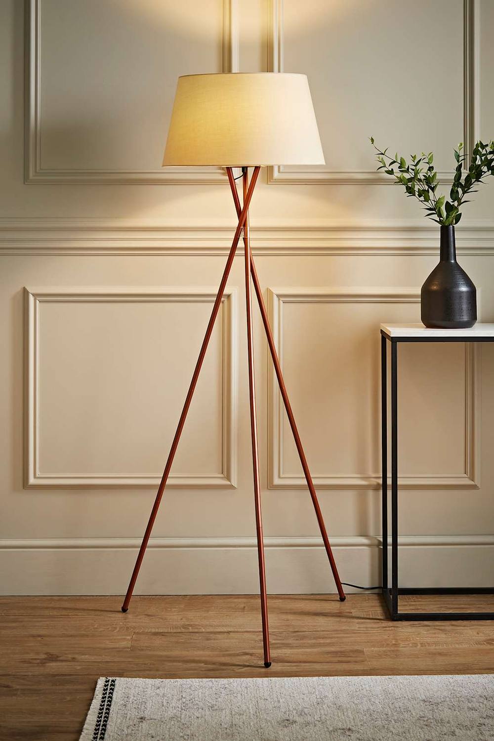 Valuelights Camden Copper Metal Tripod Floor Lamp With Beige Tapered Lamp Shade