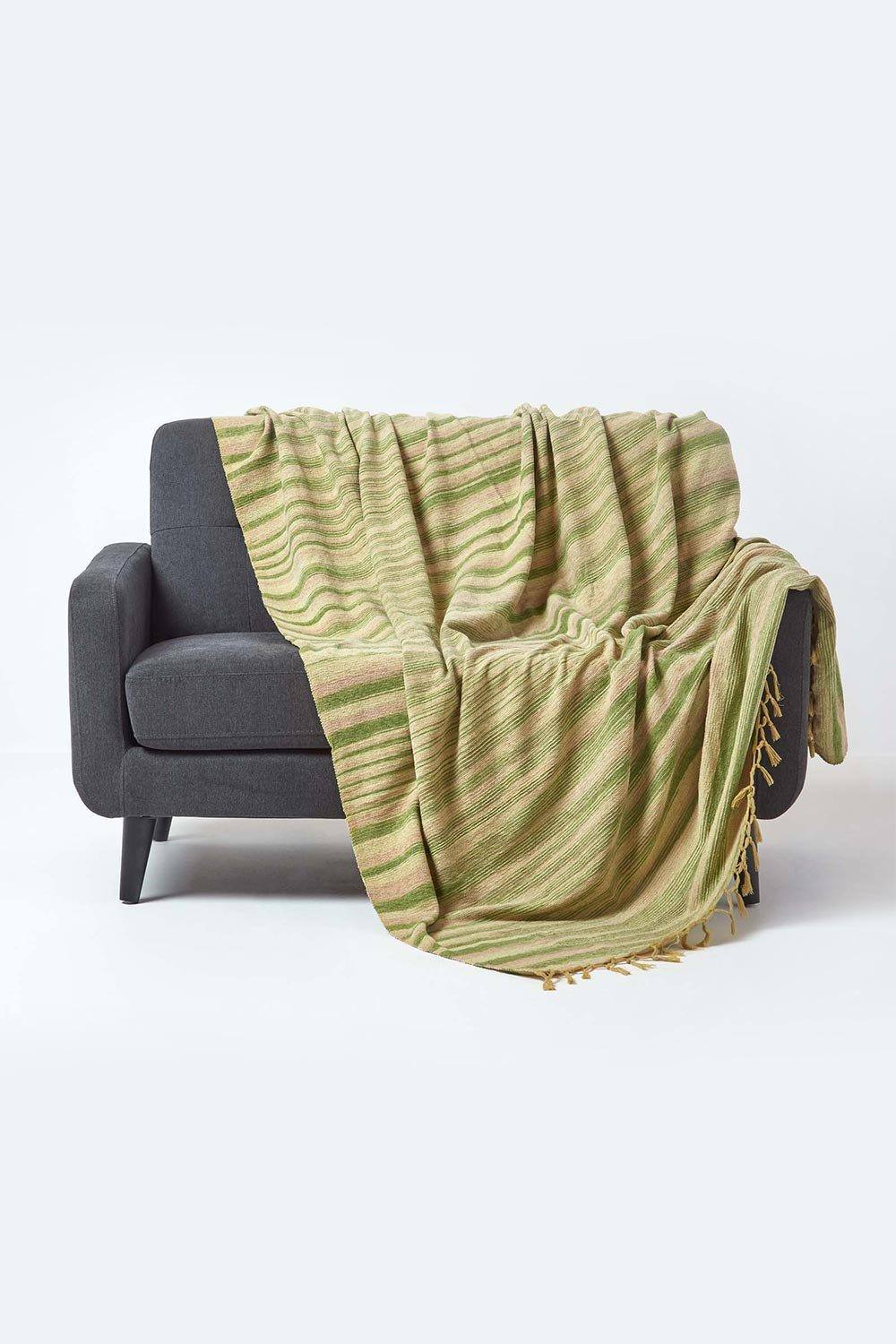 Homescapes Bed Sofa Throw Cotton Chenille Tie Dye In Green