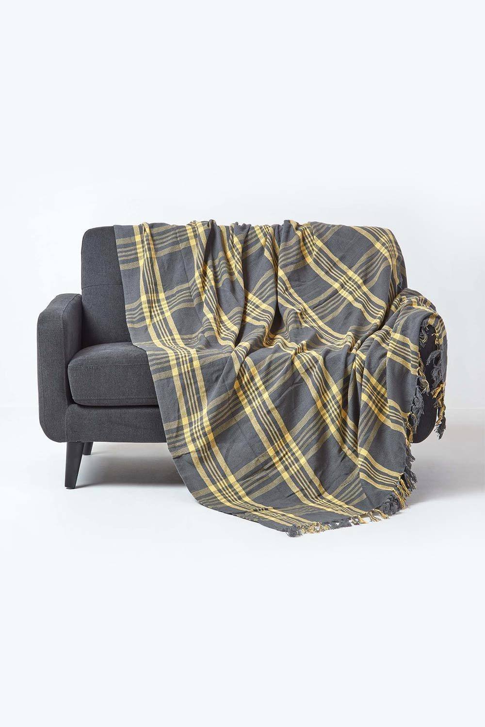 Homescapes Tartan Check Sofa And Bed Throw In Yellow
