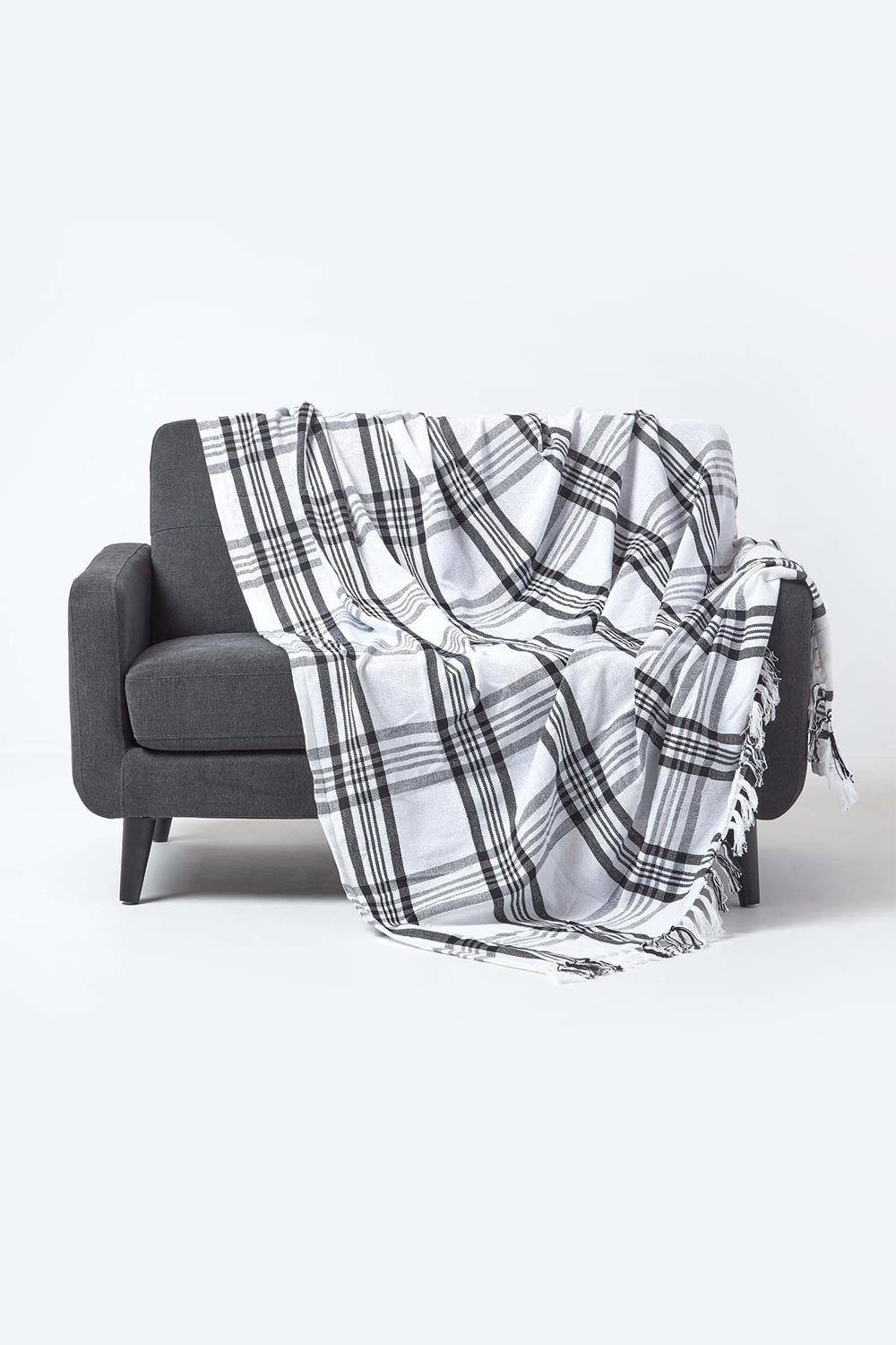 Homescapes Tartan Check Sofa And Bed Throw In White