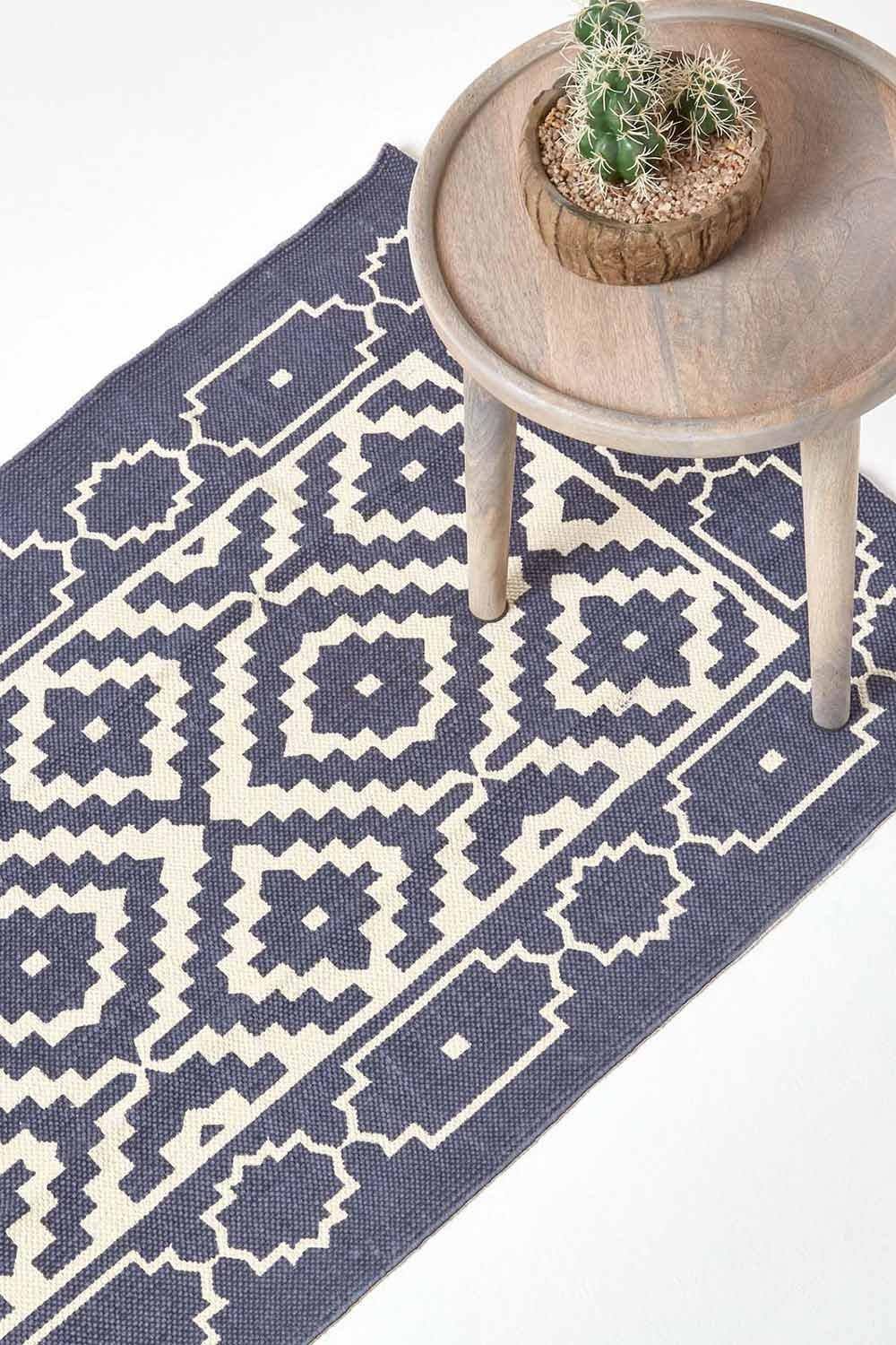 Homescapes Halmstad Scandi Style Cotton Printed Rug, X Cm In Blue